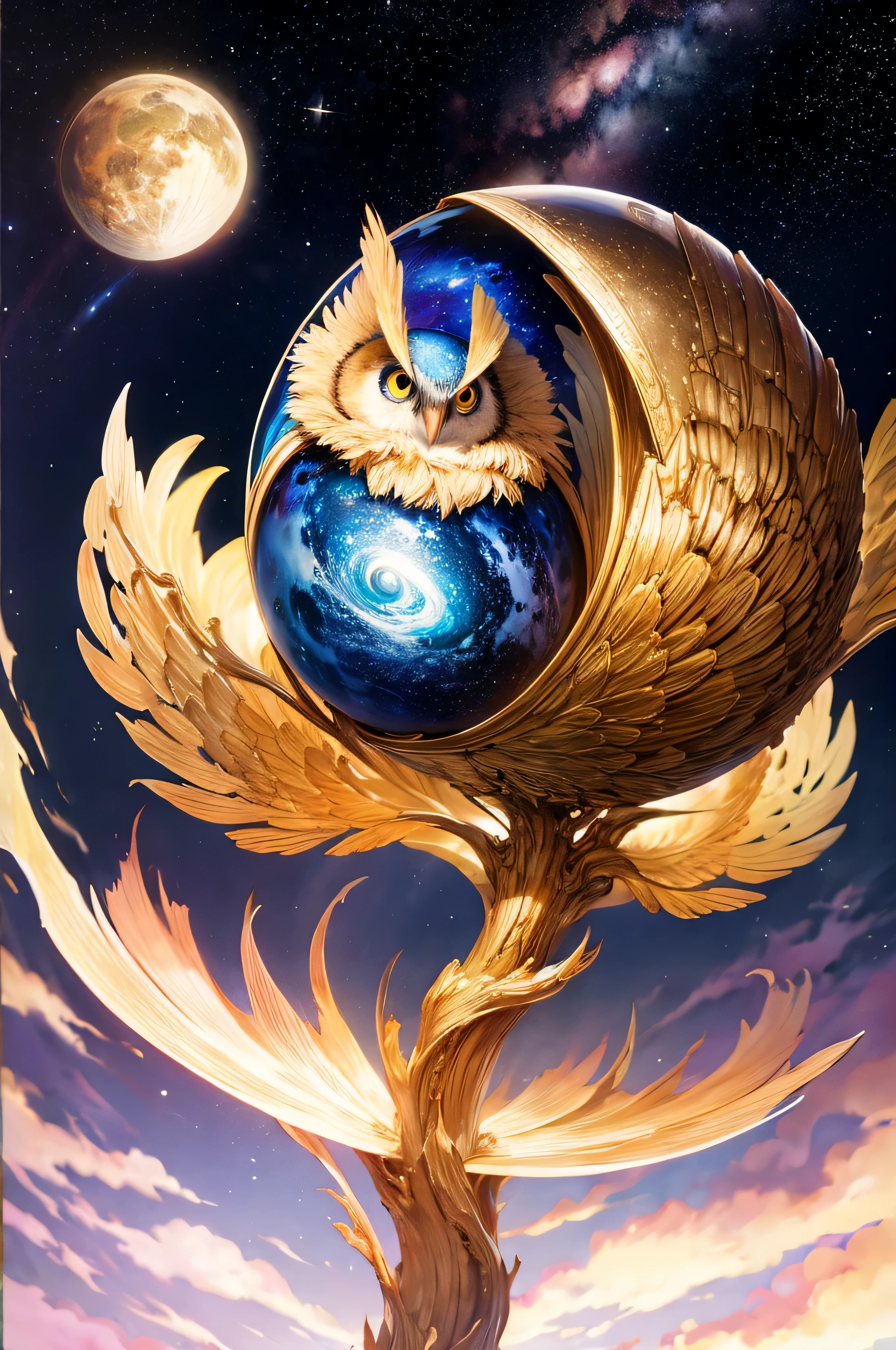 Print of a cosmic owl, with the background of planets and stars  