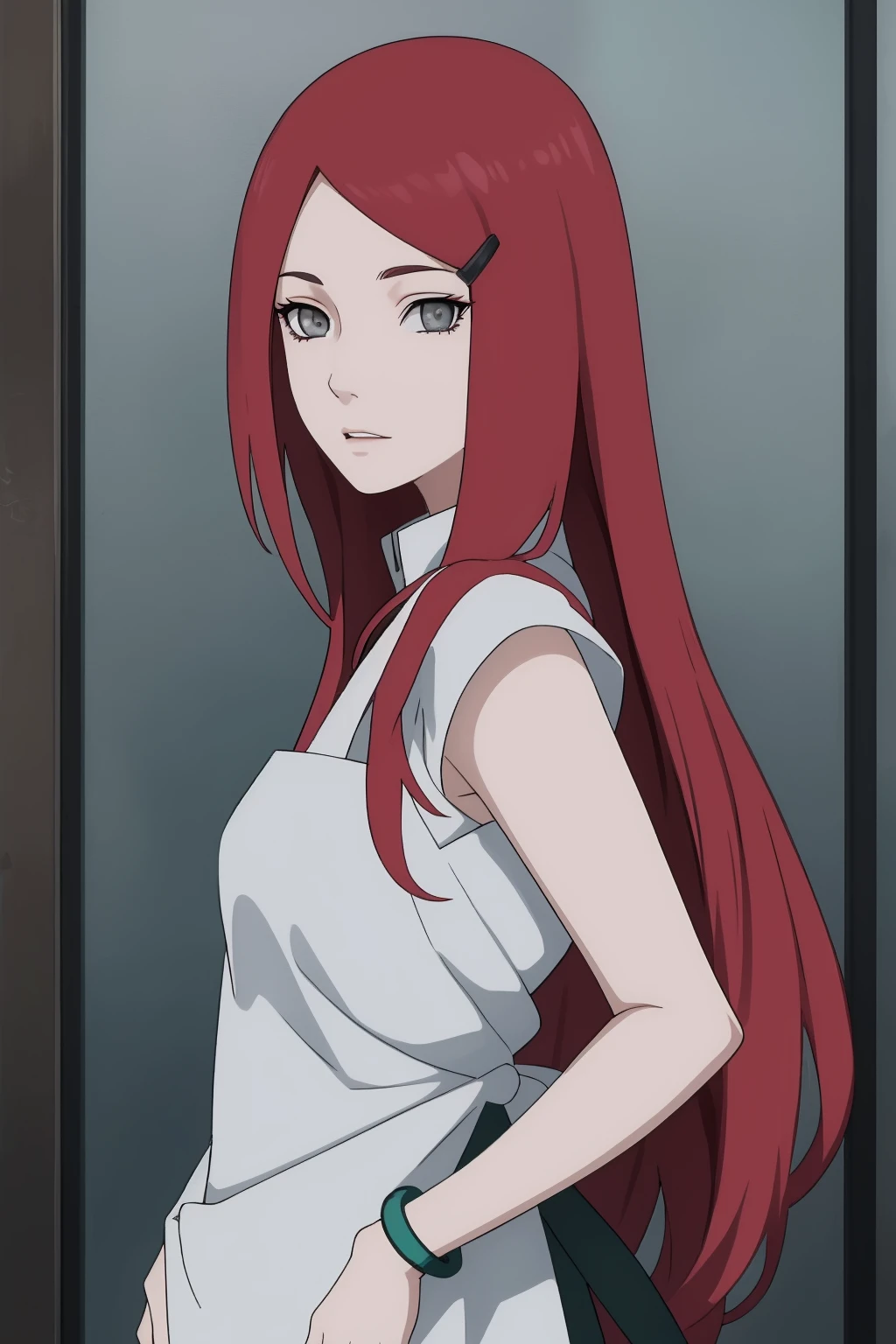 {-erro_de_anatomia:1.0} kushina, kushina, long hair, hair ornament, red hair, red head, hairclip, (grey eyes:1.5), BREAK shirt, dress, jewelry, white shirt, short sleeves, apron, bracelet, green apron, collar, BREAK looking at viewer, upper body, full body, cowboy shot, BREAK indoors, BREAK (masterpiece:1.2), best quality, high resolution, unity 8k wallpaper, (illustration:0.8), (beautiful detailed eyes:1.6), extremely detailed face, perfect lighting, extremely detailed CG, (perfect hands, perfect anatomy),