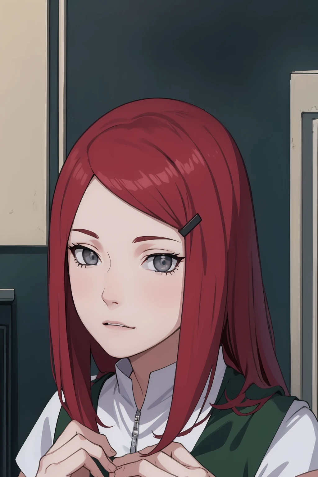 {-erro_de_anatomia:1.0} kushina, kushina, long hair, hair ornament, red hair, red head, hairclip, (grey eyes:1.5), BREAK shirt, dress, jewelry, white shirt, short sleeves, apron, bracelet, green apron, collar, BREAK looking at viewer, upper body, full body, cowboy shot, BREAK indoors, BREAK (masterpiece:1.2), best quality, high resolution, unity 8k wallpaper, (illustration:0.8), (beautiful detailed eyes:1.6), extremely detailed face, perfect lighting, extremely detailed CG, (perfect hands, perfect anatomy),