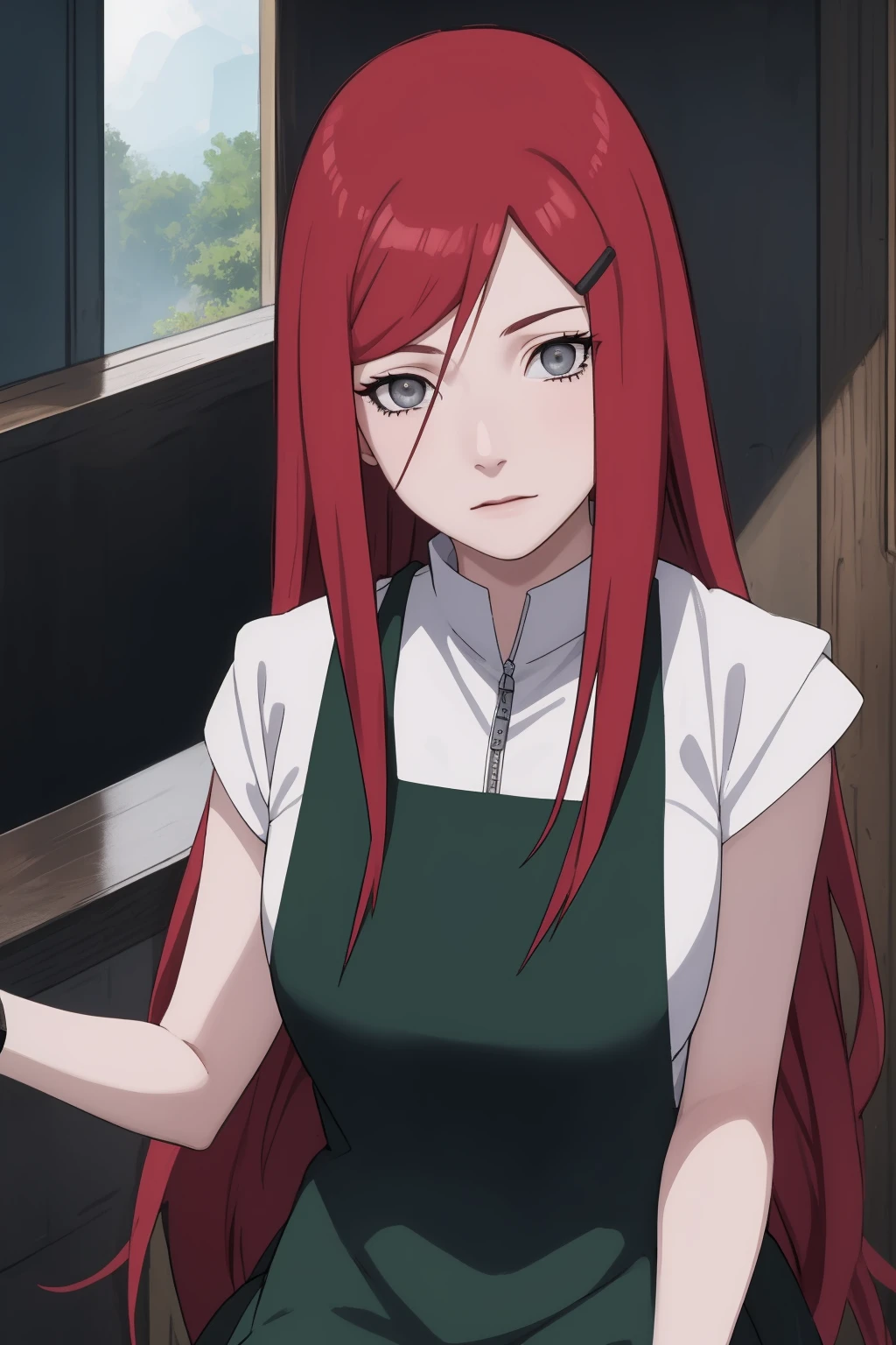 {-erro_de_anatomia:1.0} kushina, kushina, long hair, hair ornament, red hair, red head, hairclip, (grey eyes:1.5), BREAK shirt, dress, jewelry, white shirt, short sleeves, apron, bracelet, green apron, collar, BREAK looking at viewer, upper body, full body, cowboy shot, BREAK indoors, BREAK (masterpiece:1.2), best quality, high resolution, unity 8k wallpaper, (illustration:0.8), (beautiful detailed eyes:1.6), extremely detailed face, perfect lighting, extremely detailed CG, (perfect hands, perfect anatomy),