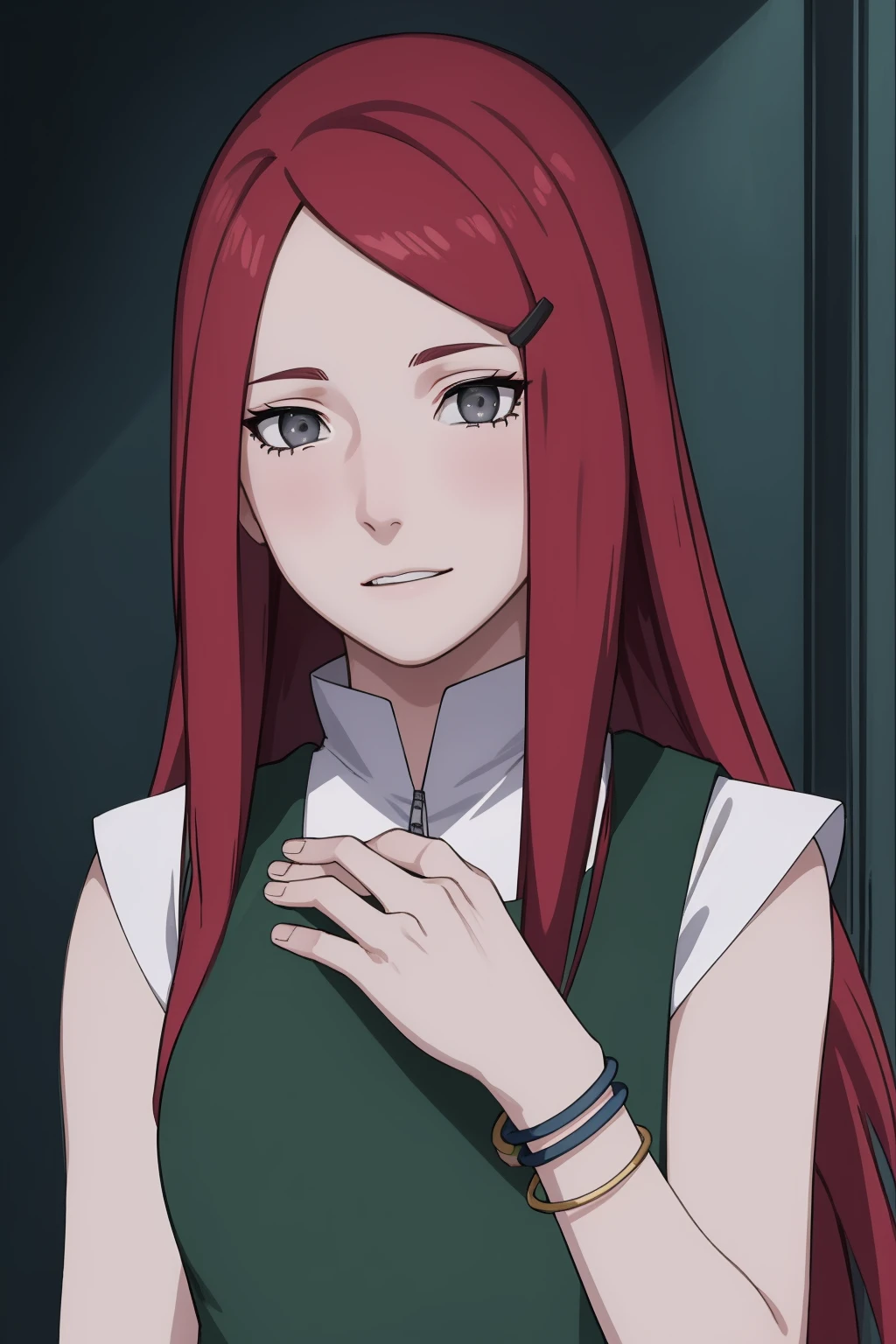 {-erro_de_anatomia:1.0} kushina, kushina, long hair, hair ornament, red hair,  red head, hairclip, (grey eyes:1.5),
BREAK shirt, dress, jewelry, white shirt, short sleeves, apron, bracelet, green apron, collar,
BREAK looking at viewer, upper body, full body, cowboy shot,
BREAK indoors,
BREAK (masterpiece:1.2), best quality, high resolution, unity 8k wallpaper, (illustration:0.8), (beautiful detailed eyes:1.6), extremely detailed face, perfect lighting, extremely detailed CG, (perfect hands, perfect ),