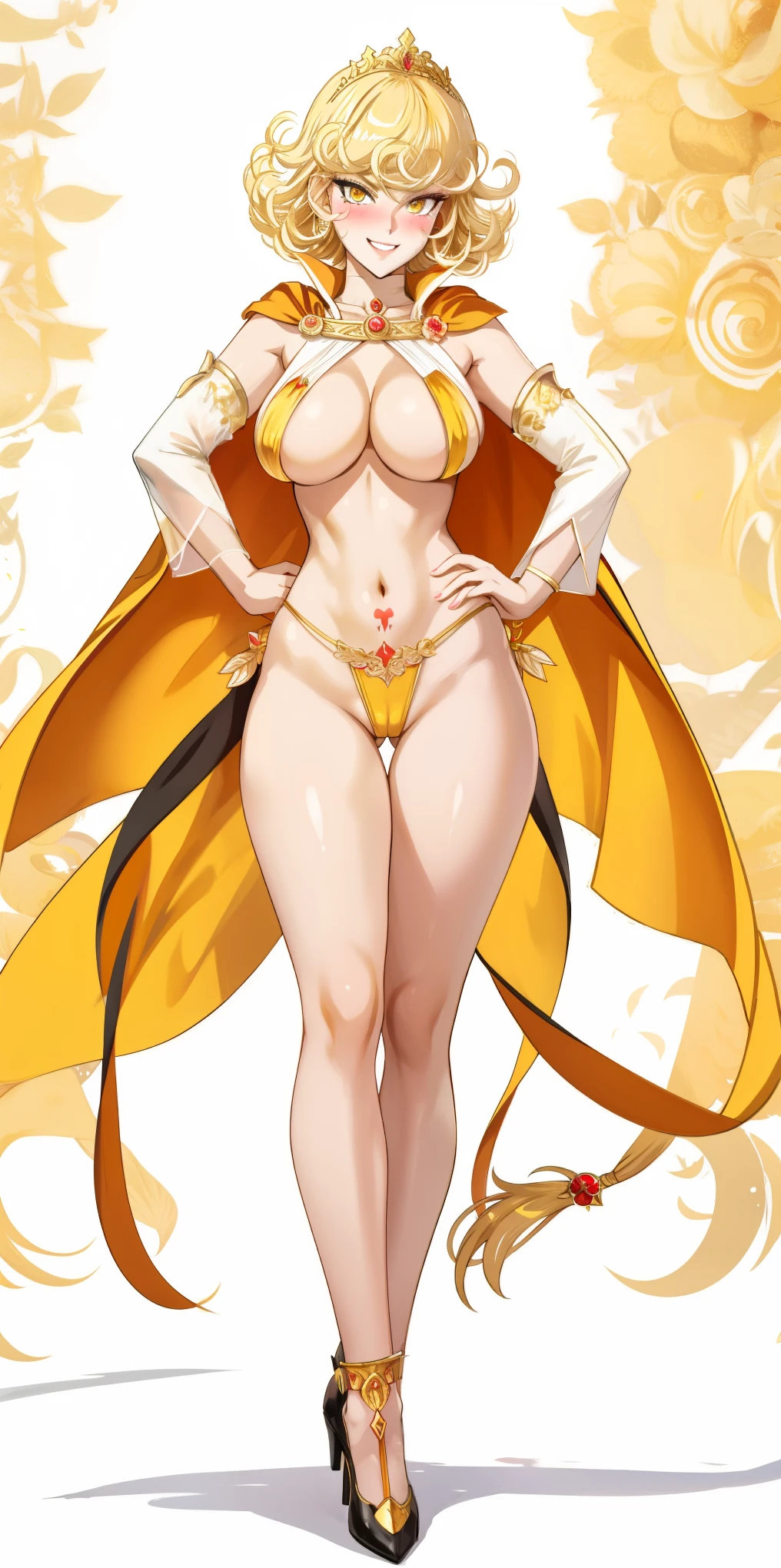 Two long thighs, yellow eyes, blonde hair, short hair, large breasts, detached sleeves, very white background, royal tiara, long cape, yellow tiger bikini, high heels, hands on hips. red tattoo on belly navel, full body female MILF BIMBO, lustful smirking smile face (red blush), metal shoulders, golden bracers sleeveless, black choker sex slave, white background