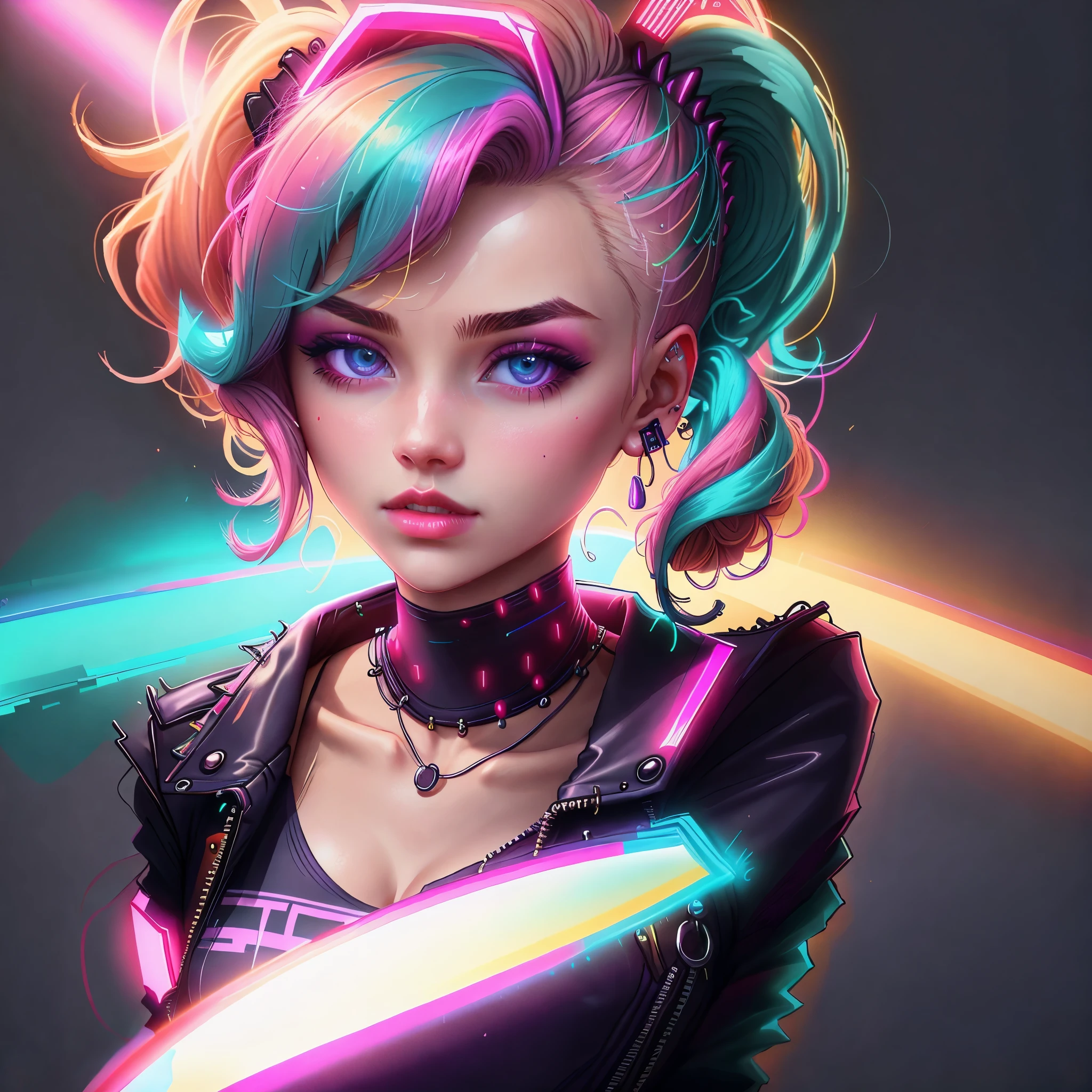 primer plano hermosa joven mujer punk rock globo redondo de chicle en su bocaen color, retro neon synth wave illuminating face and body, muy detallado, 32k, sharp focus, obra maestra