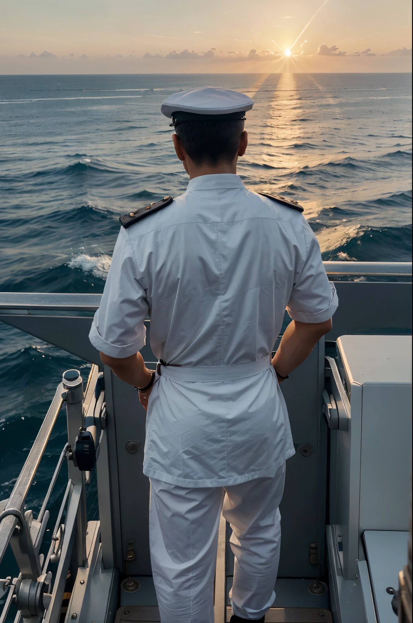 Create a digital artwork showing the back view of an Asian old male ship captain looking out to sea at sunset. He wears a white naval uniform with rank insignia on the shoulders, standing on the deck of a modern ship. His posture is confident, with one hand on the railing and the other holding binoculars. The setting sun casts golden light on the calm sea, with details like coiled ropes and navigation tools on the bridge subtly visible. The scene conveys leadership and the serene power of the sea.