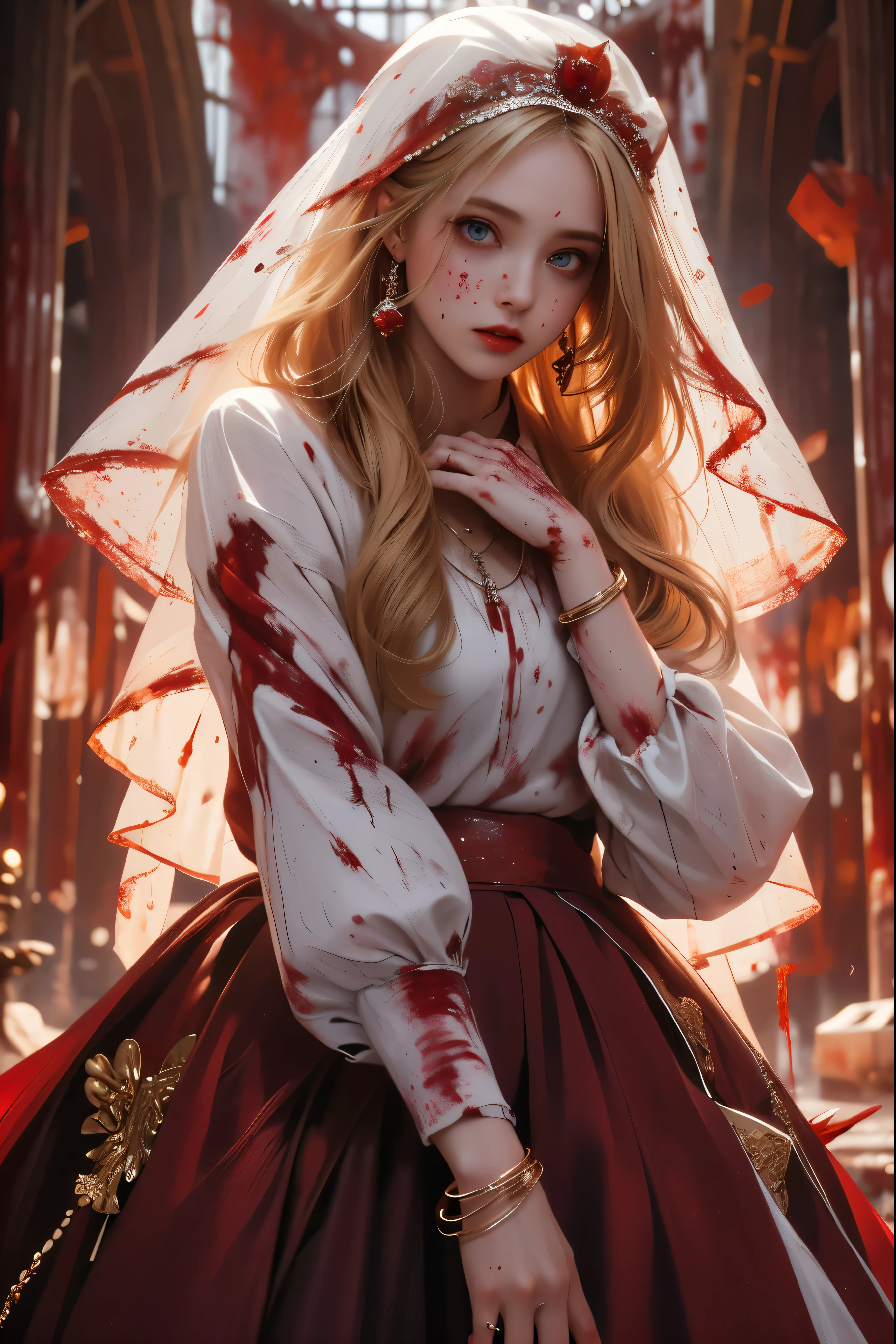 best quality,masterpiece,ultra high resolution,1 girl,skirt,blonde hair,veil,alone,jewelry,Blood,necklace,blue eyes,Blood on clothes,snow,bridal veil,wedding skirt,cemetery,pale face,Pale complexion,(covered in Blood:1.7),