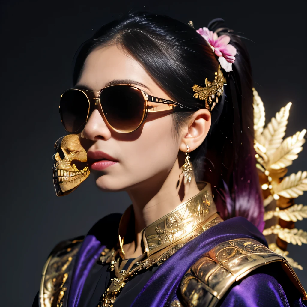 On snowy nights,32k(masterpiece,HD,super high quality,32k)Purple-pink double ponytail,flower stick,Indigo Skull King ,mahogany steering wheel (The skeleton is very realistic:1.4),crocodile print robe,Rusty skull ornaments,Sand gold linen cloak,Petals flying,Deep gold sunglasses,Hold your head high,worthy of pride,looking at people through nostrils,A primary and secondary school student, high resolution,Xueba, detail, original photo, Sharp Re, Nikon D850 film photo by Jefferies Lee 4 Kodak Portra 400 camera F1.6 guns, rich and colorful, Super real、Vivid texture, dramatic lighting, Unreal Engine Art Station Trend, Silicon Nest 800,Hold your head high,side,worthy of pride,looking at people through nostrils,arrogant,Petals flying,Petals flying,Gold-plated crocodile leather,Fluttering,Impeccable,( Reasonable design, clear lines, HD definition,best quality, Very detailed skeleton, skeleton of masterpiece, official art, Lighting effects, 8K crocodile skeleton(((Platinum marble sunglasses)))Deep gold sunglasses,sideportrait