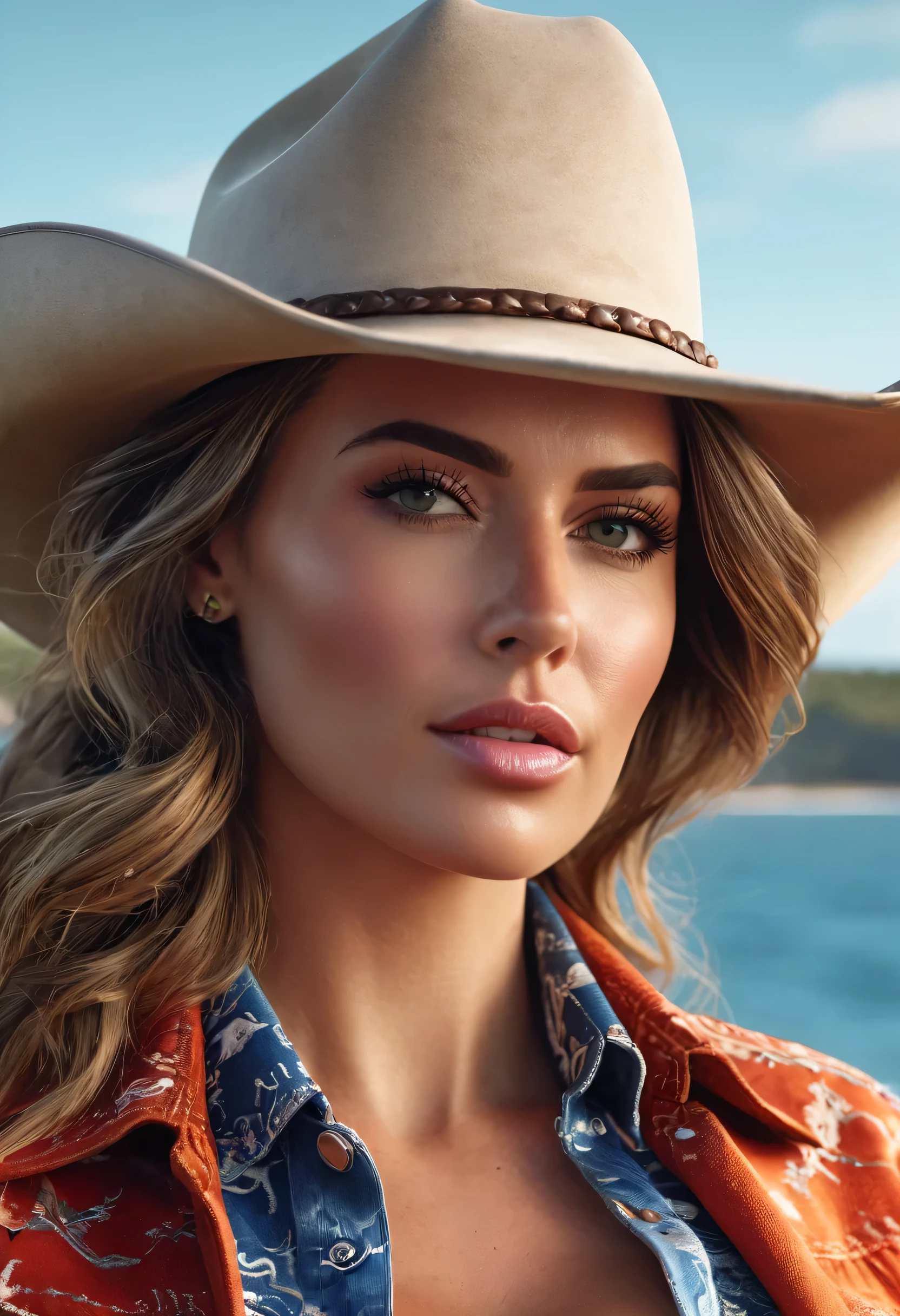 create an image demonstrating the style of ((Coastal Cowgirl)) style, hyper realism, 8k high definition, vibrant colors, sharp focus, insanely detailed, enormous tits