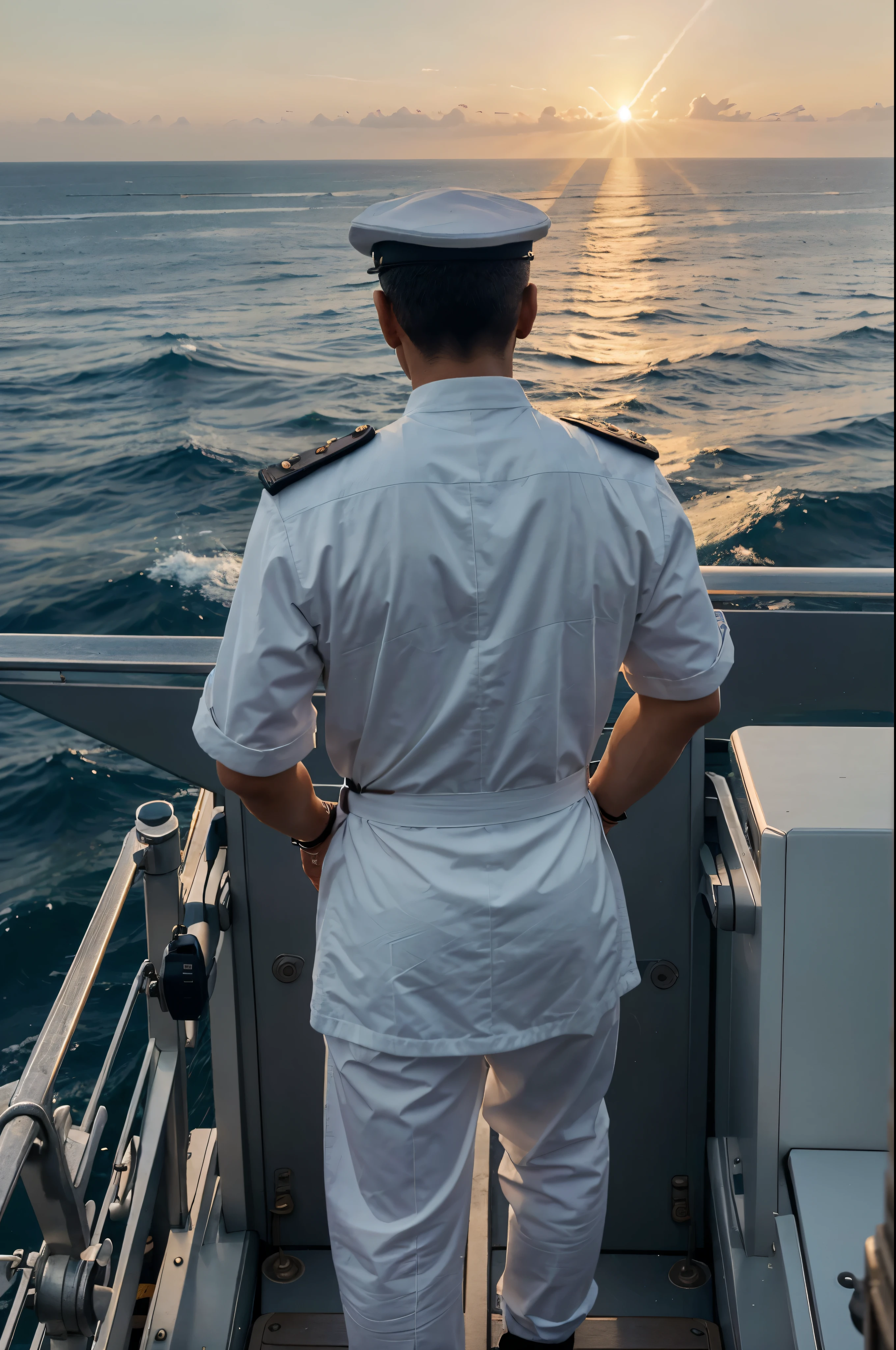 Create a digital artwork showing the back view of an Asian old male ship captain looking out to sea at sunset. He wears a white naval uniform with rank insignia on the shoulders, standing on the deck of a modern ship. His posture is confident, with one hand on the railing and the other holding binoculars. The setting sun casts golden light on the calm sea, with details like coiled ropes and navigation tools on the bridge subtly visible. The scene conveys leadership and the serene power of the sea.