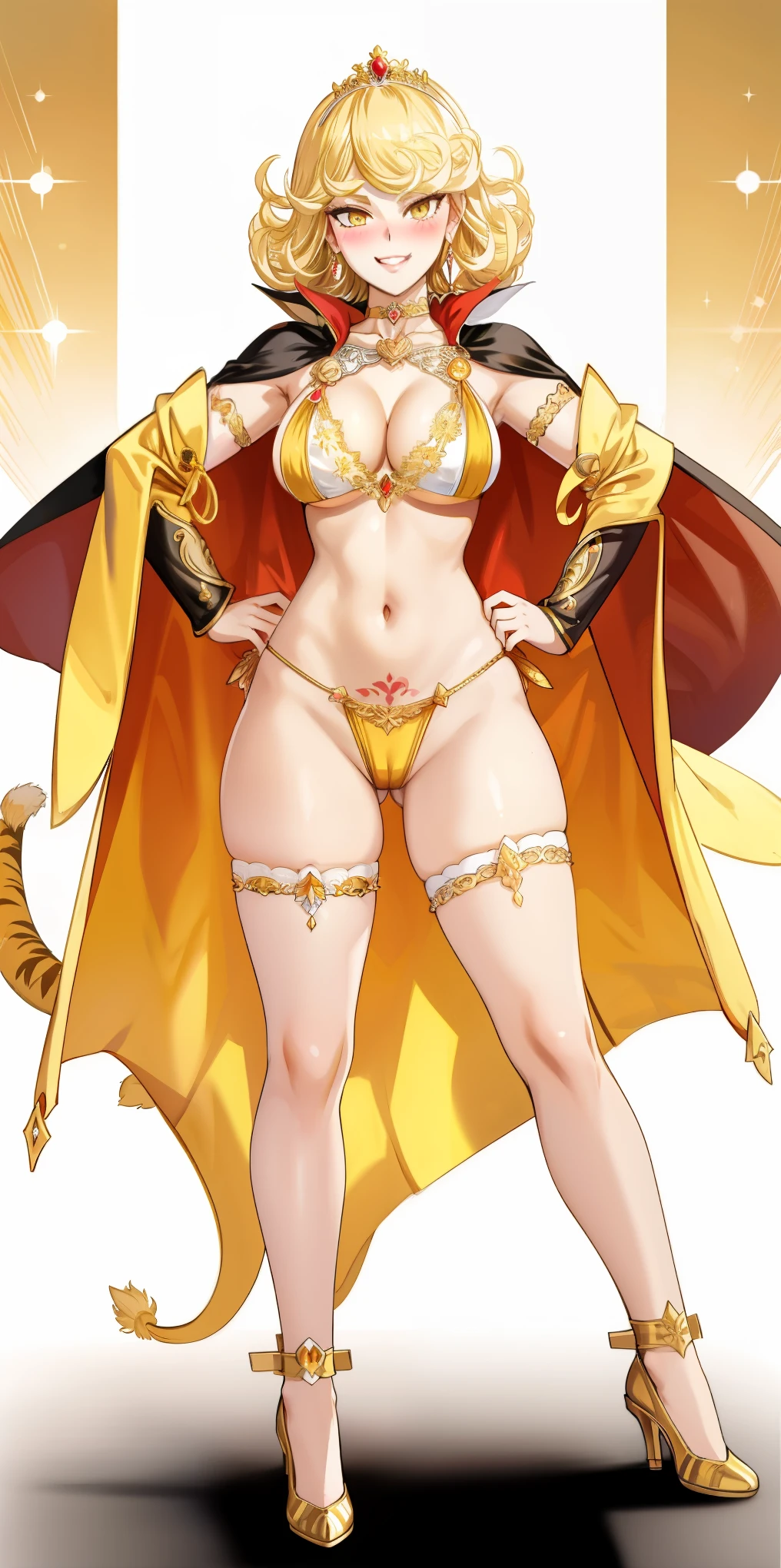 Two long thighs, yellow eyes, blonde hair, short hair, large breasts, detached sleeves, very white background, royal tiara, long cape, yellow tiger bikini, high heels, hands on hips. red tattoo on belly navel, full body female MILF BIMBO, lustful smirking smile face (red blush), metal shoulders, golden bracers sleeveless, black choker sex slave, white background