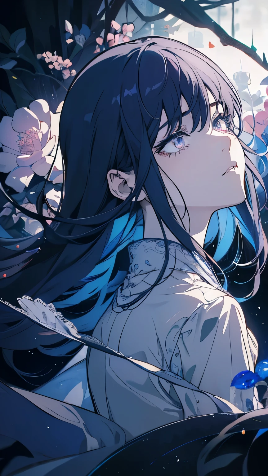 ((8K resolution))、((highest quality))、((masterpiece))、((Super detailed))((((dramatic))), (((Rough feeling))), (((intense)))、whole body、Handsome guy、woman、Mine serieenhera、rain、wet ground、reflection、twilight、tattoo、long hair、gray hair、White、blue、peach、flower々、flower火、Clear shadows、lively, front,rich colorful,have confidence,coil,scene,boldness,to attract attention,smart、tendency、i concentrate