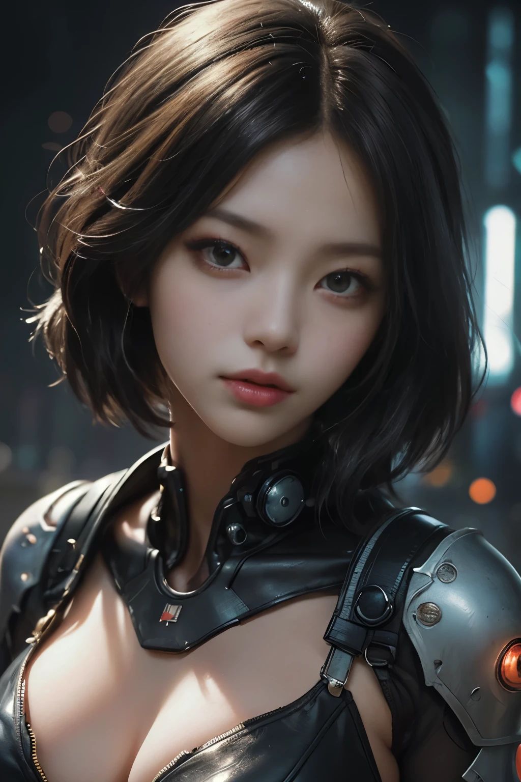 NSFW(((masterpiece))), (((Best Quality))), ((Ultra-detailed)), (extremely detailed photo), ((extremely delicate and beautiful)),(Cute delicate face), an image of cyberpunk, steampunk, sci-fi, cyberpunk fan art, cyberpunk hd wallpaper, cyberpunk art, cyberpunk pics, cyberpunk images, (tall girl, A 35 years old cool Asian girl),solo,short hair,looking at viewer, mecha musume, armor ,(beautiful face and eye), double eyelid,delicate skin,slender body shape,big breast