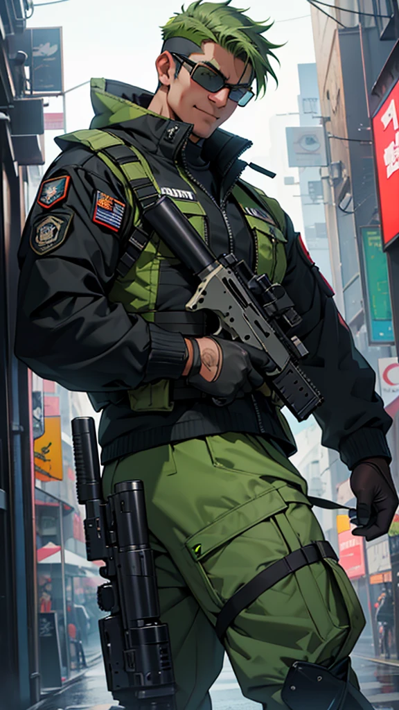 1 person, Tactical Jacket, tactical clothing, green hair, smile, anime, cyber punk, machine gun, Glasses, male, battle, Assault Rifle QBZ, Tactical gear, Rifle in hand, (A soldier takes aim at a giant military robot with a large rifle.), shoot a gun, fierce battle, whole body, skin fang, short hair, Hyperrealism, Realism, motion lines, UHD, ccurate, best quality, 8k, super detail, high details, anatomically correct, masterpiece