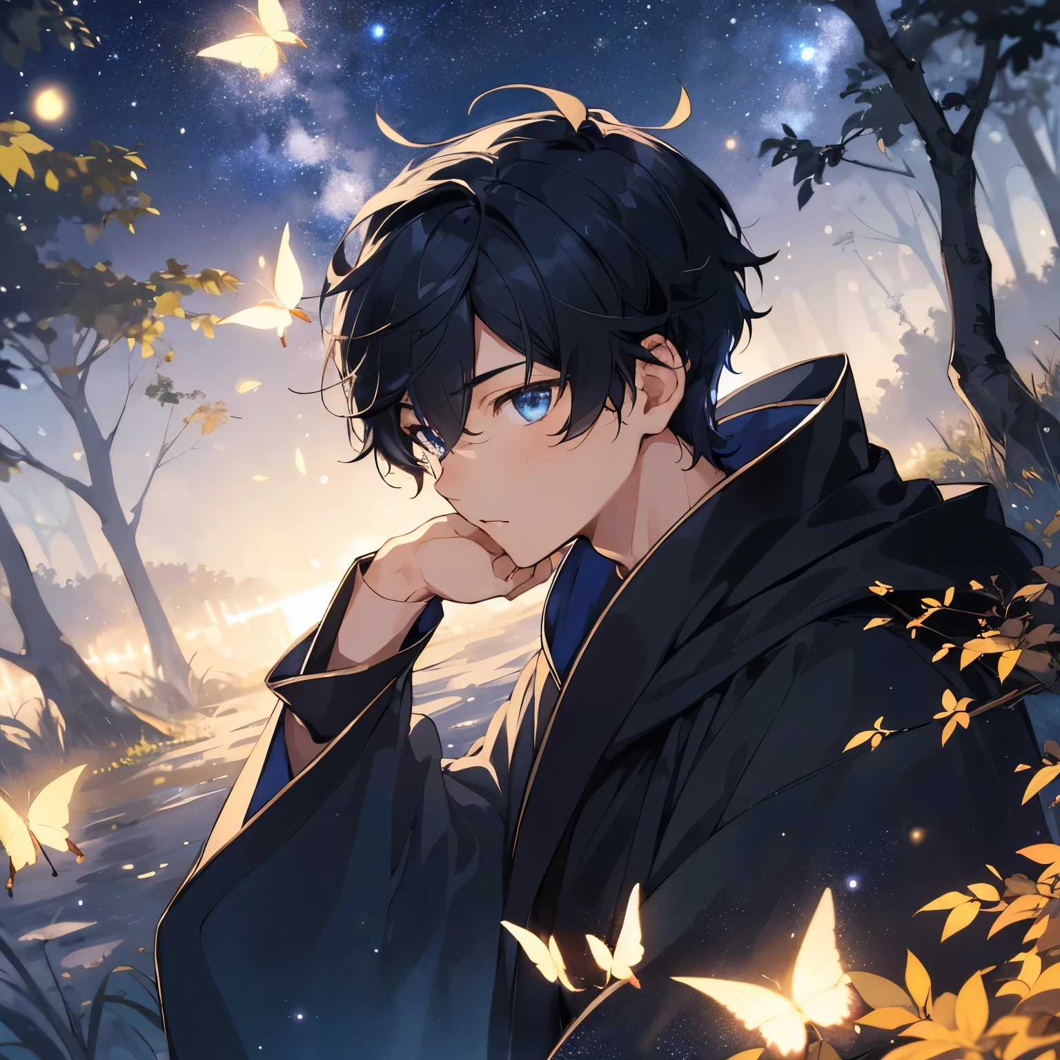 boys,male,boy,handsome face,Strong hairstyle,blue eyes,black hair,short robe,under the night sky,fireflies flying,Leaves fluttering,high resolution