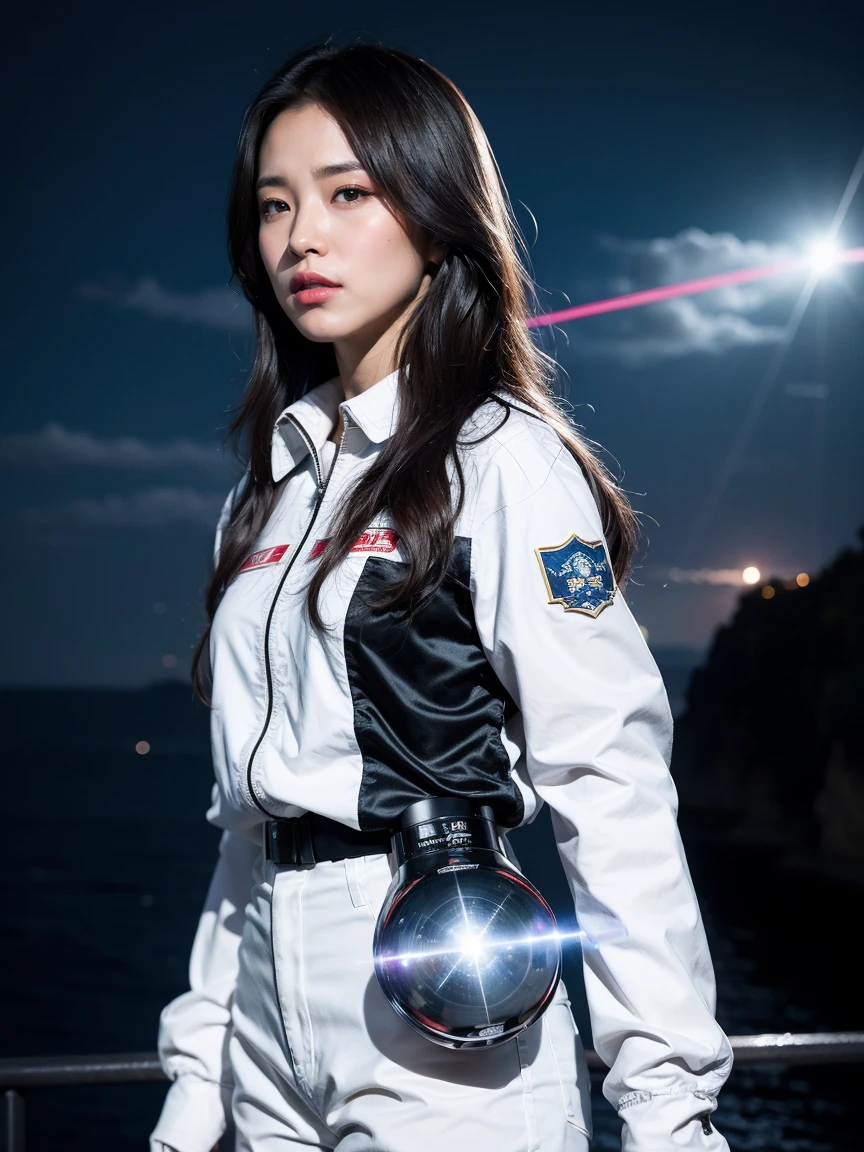 8K, highest quality, masterpiece, realistic, ultra detail,  photograph, HDR, High resolution, cinematic light, official art, High resolution, Depth of written boundary,(emit laser light), girl１name、20-year-old, medium long hair,全身photographを撮ります、action pose,universe,cloudy sky、universe船、Starlight、thunder、universe戦艦