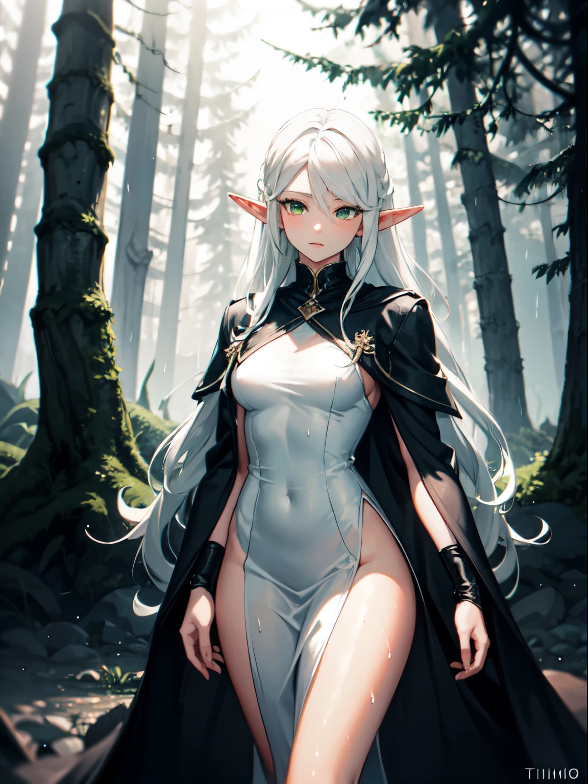 (elf), (long hair, white hair, green eyes), (dark forest, mist, fog, side lighting, best lighting), dark theme, (thin white dress, sexy), raining, wet