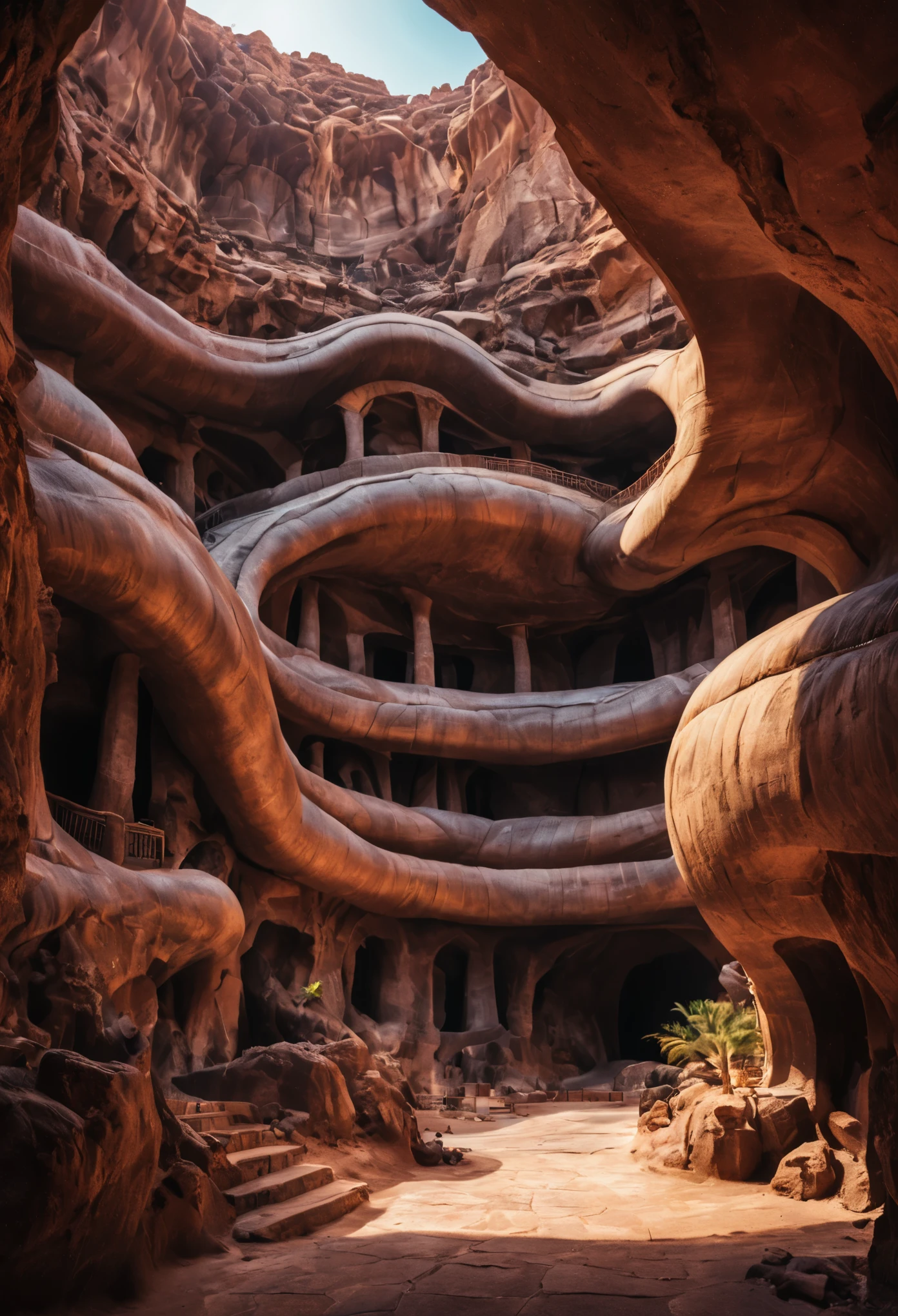 inside of indian ethnic snake temple. king cobra architecture, rock statutes of king cobra, king cobra with fangs rocky snake statues background crowded street bazaar in underground cave city, underground caves, rocky surface which is covered with a thick layer of dust, futuristic sci-fi masterpiece, ancient snake temple carved inside grand canyon caves , realistic ,intricate, detailed ,modern, neo cave centric design,rocks,waterfalls,desert caves, organic futurism, indigenous futurism,futuristic vision, architecture styles of Rem Koolhaas,Daniel Libeskind, Jean Nouvel, Paolo Soleri, upstairs, balconies, futuristic facades, trending on art station, beautiful lighting, fantasy, intricate, 4k, highest quality render model:Real , cobra shaped architecture ((masterpiece)),((best quality)),((high detail)),((realistic,)) Futurist era city, architectural streets, bazaars, cyberpunk, buildings, night, neon, summer, hot desert，Magnificent space image scene heavenly body 8K，super-fine, focus on grand canyon like caves