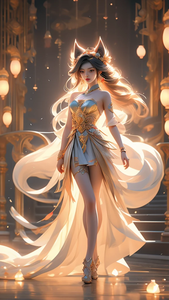 Aesthetic and dreamlike oil painting with hyper-realistic style, incredibly delicate and intricate brushwork. (League of Legends) Ahri, a magical and charming female character, wearing a laser metal reflective crop top and a super short skirt, adorned with fluorescent metal threads and a string of crystal glass beads. She has exquisitely refined facial features, captivating golden hair, and a mesmerizingly beautiful figure with astonishing body proportions. The artwork portrays a sense of realism, with Ahri wearing a dazzling outfit made of ornate shimmering metal plates, showcasing a cool, radiant, and fashionable look with a touch of futuristic technology. She stands in a dynamic pose, captured through an artistic lens, with a symmetrical composition and a composition following the golden ratio and S-curve. The artwork features cyberpunk lights, Dindal lighting effects, and a dreamlike play of light and shadow. It is a masterpiece with the best image quality, rendered in ultra-high definition resolution (64k) using CG rendering and the Unreal Engine 5, creating a surreal and enchanting visual experience.