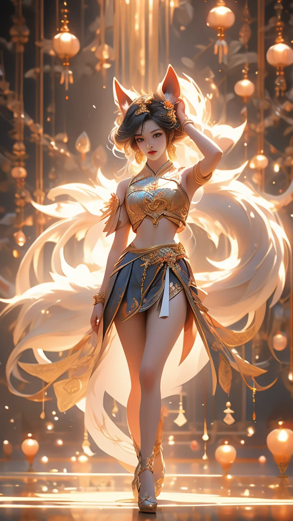 Aesthetic and dreamlike oil painting with hyper-realistic style, incredibly delicate and intricate brushwork. (League of Legends) Ahri, a magical and charming female character, wearing a laser metal reflective crop top and a super short skirt, adorned with fluorescent metal threads and a string of crystal glass beads. She has exquisitely refined facial features, captivating golden hair, and a mesmerizingly beautiful figure with astonishing body proportions. The artwork portrays a sense of realism, with Ahri wearing a dazzling outfit made of ornate shimmering metal plates, showcasing a cool, radiant, and fashionable look with a touch of futuristic technology. She stands in a dynamic pose, captured through an artistic lens, with a symmetrical composition and a composition following the golden ratio and S-curve. The artwork features cyberpunk lights, Dindal lighting effects, and a dreamlike play of light and shadow. It is a masterpiece with the best image quality, rendered in ultra-high definition resolution (64k) using CG rendering and the Unreal Engine 5, creating a surreal and enchanting visual experience.