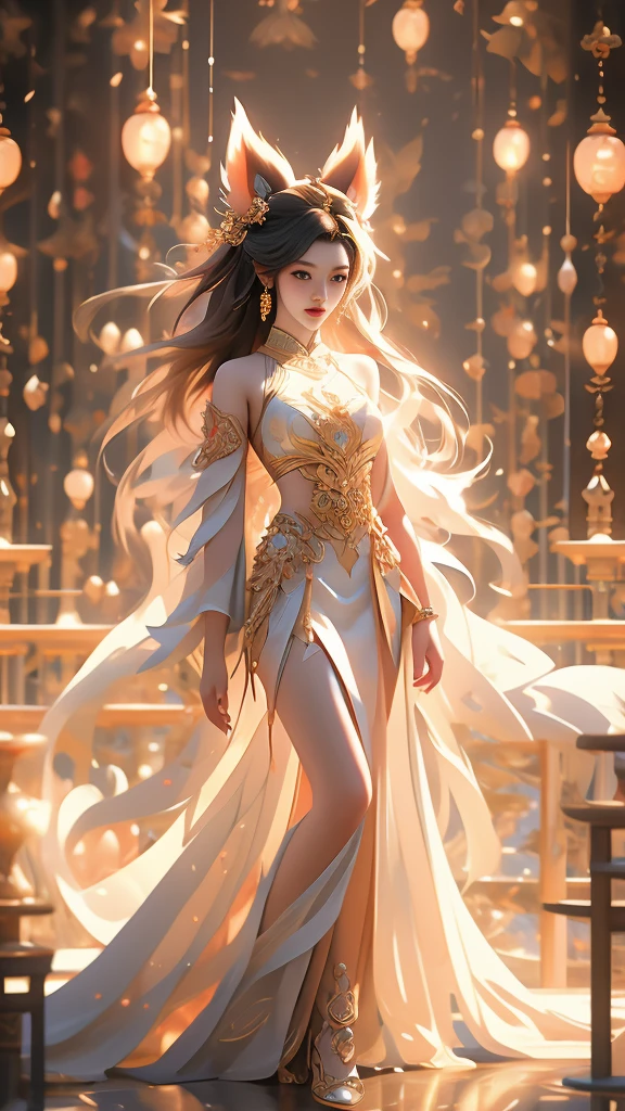 Aesthetic and dreamlike oil painting with hyper-realistic style, incredibly delicate and intricate brushwork. (League of Legends) Ahri, a magical and charming female character, wearing a laser metal reflective crop top and a super short skirt, adorned with fluorescent metal threads and a string of crystal glass beads. She has exquisitely refined facial features, captivating golden hair, and a mesmerizingly beautiful figure with astonishing body proportions. The artwork portrays a sense of realism, with Ahri wearing a dazzling outfit made of ornate shimmering metal plates, showcasing a cool, radiant, and fashionable look with a touch of futuristic technology. She stands in a dynamic pose, captured through an artistic lens, with a symmetrical composition and a composition following the golden ratio and S-curve. The artwork features cyberpunk lights, Dindal lighting effects, and a dreamlike play of light and shadow. It is a masterpiece with the best image quality, rendered in ultra-high definition resolution (64k) using CG rendering and the Unreal Engine 5, creating a surreal and enchanting visual experience.