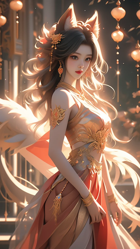 Aesthetic and dreamlike oil painting with hyper-realistic style, incredibly delicate and intricate brushwork. (League of Legends) Ahri, a magical and charming female character, wearing a laser metal reflective crop top and a super short skirt, adorned with fluorescent metal threads and a string of crystal glass beads. She has exquisitely refined facial features, captivating golden hair, and a mesmerizingly beautiful figure with astonishing body proportions. The artwork portrays a sense of realism, with Ahri wearing a dazzling outfit made of ornate shimmering metal plates, showcasing a cool, radiant, and fashionable look with a touch of futuristic technology. She stands in a dynamic pose, captured through an artistic lens, with a symmetrical composition and a composition following the golden ratio and S-curve. The artwork features cyberpunk lights, Dindal lighting effects, and a dreamlike play of light and shadow. It is a masterpiece with the best image quality, rendered in ultra-high definition resolution (64k) using CG rendering and the Unreal Engine 5, creating a surreal and enchanting visual experience.