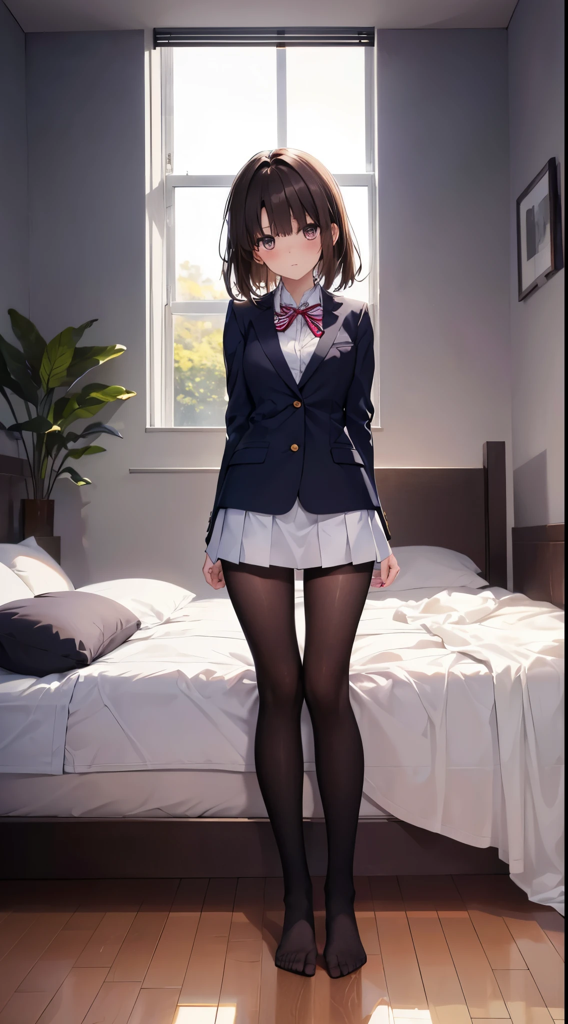 finest, masterpiece, High resolution, (Full body view from head to toe), Composition from slightly below the front, Symmetrical, 18 years old, slim and beautiful girl, alone, (small breasts), (not wearing shoes),Unkempt brown hair, bangs, (black tights), (black pantyhose), (Pose with legs spread on the bed), tied up with both arms hidden behind the back, (Composition showing white panties), (her legs spread、I can see white panties.), blush, shy big eyes, looking at camera, blazer uniform, plaid pleated skirt