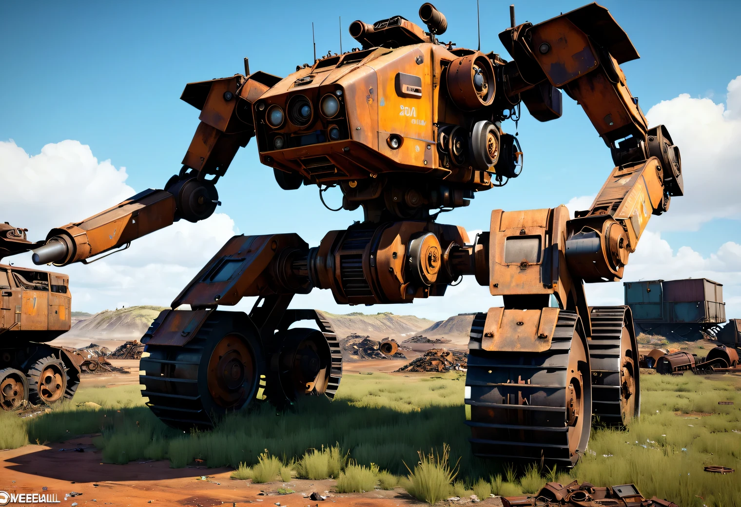 Old Wheeled Abandoned Mech is covered with rust and corrosion., old Wheeled Abandoned Mech, old abandoned and rusty Wheeled Abandoned Mech thrown into a scrap yard, Surreal sci-fi style, Unreal Engine5, Hyper-realistic sculpture of an Abandoned Mech, Realistic brush strokes, DAZ 3D, Glyphic, made of metal, Rust, Abandoned, old, destroyed by time, landfill, scrap metal, Realistic camera shooting, artistic photography, Realistic images, computer graphics, photorealistic high detail, overly detailed art of Wheeled Abandoned Mech, wheeled Abandoned Mech covered with rust and corrosion, ultra-detailed, photorealism, Ultra-realistic drawing of details, Stunningly realistic graphics, Very detailed photo, hyperrealistic render, photorealistic rendering, Highly realistic photography, landfill