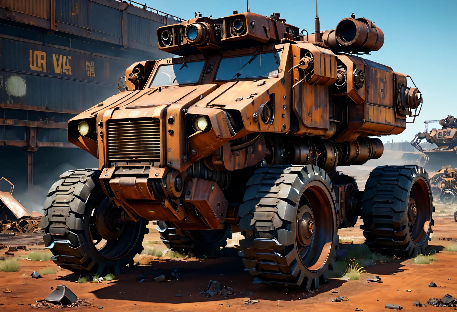 Old Wheeled Abandoned Mech is covered with rust and corrosion., old Wheeled Abandoned Mech, old abandoned and rusty Wheeled Abandoned Mech thrown into a scrap yard, Surreal sci-fi style, Unreal Engine5, Hyper-realistic sculpture of an Abandoned Mech, Realistic brush strokes, DAZ 3D, Glyphic, made of metal, Rust, Abandoned, old, destroyed by time, landfill, scrap metal, Realistic camera shooting, artistic photography, Realistic images, computer graphics, photorealistic high detail, overly detailed art of Wheeled Abandoned Mech, wheeled Abandoned Mech covered with rust and corrosion, ultra-detailed, photorealism, Ultra-realistic drawing of details, Stunningly realistic graphics, Very detailed photo, hyperrealistic render, photorealistic rendering, Highly realistic photography, landfill