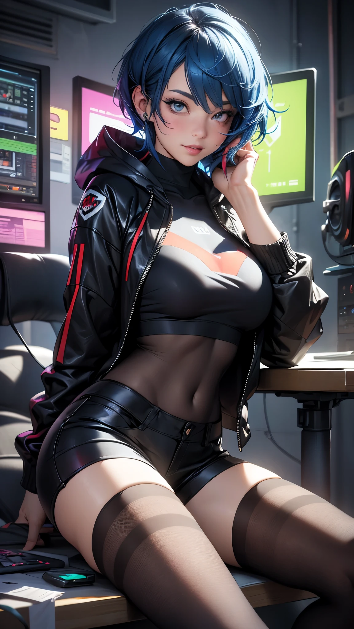 (best quality,4k,8k,highres,masterpiece:1.2),ultra-detailed,(realistic,photorealistic,photo-realistic:1.37),HDR,UHD,studio lighting,ultra-fine painting,sharp focus,physically-based rendering,extreme detail description,professional,vivid colors,bokeh, portraits
Inside the room, gaming room, gaming pc, one 18-aged girl, black short hair colored inner blue hair, sitting on the chair, sleepy, smile, cyberpunk fashion, hoodie, shorts, fishnet-pantyhose,thigh-high-race-up-long boots, vivid colors, studio lighting, ultra-detailed portraits.