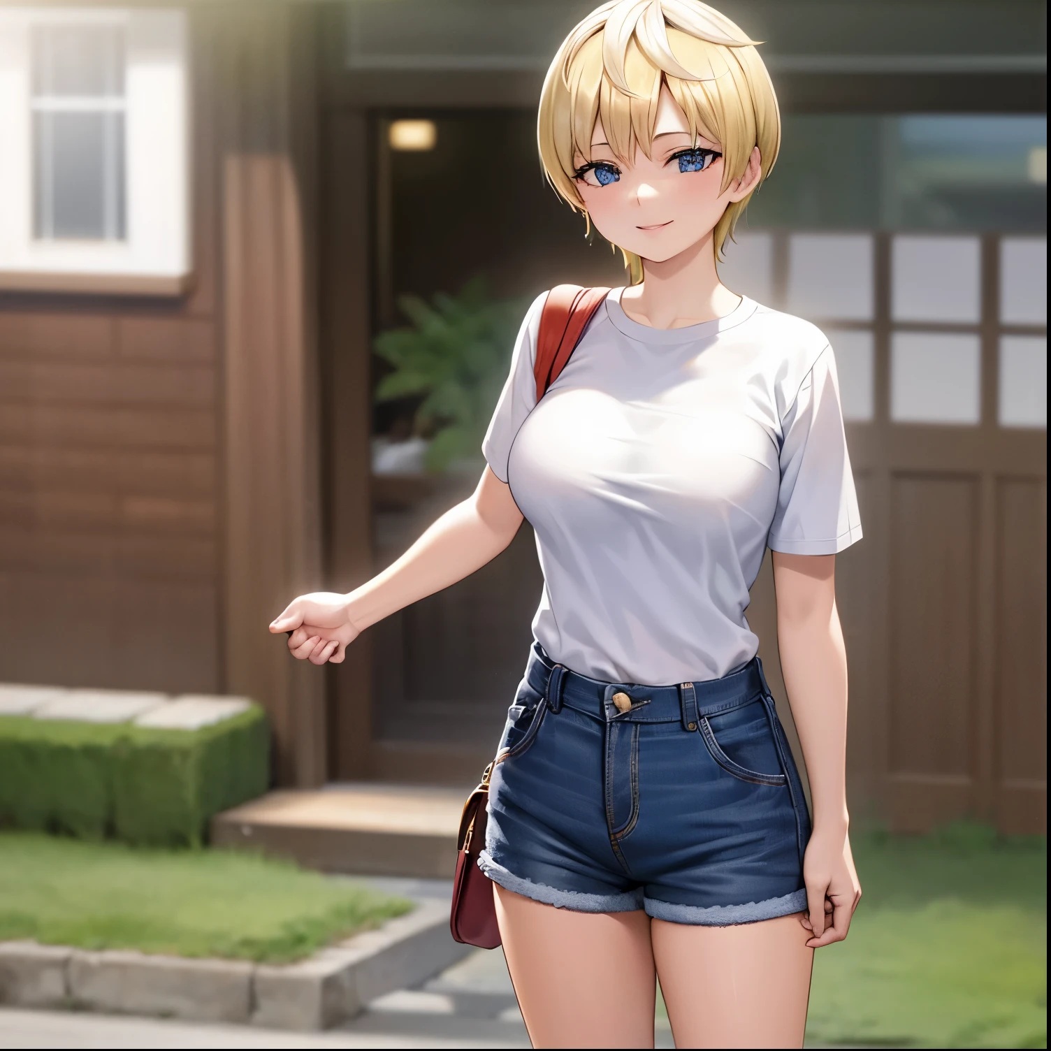 1gril,alone, debe ser inventado,Obra maestra, Mejor calidad, absurdos, perfect anatomy, 1 chica, solo, Tenka Izumo, camiseta, shorts de mezclilla, de pie, al aire libre, ciudad, manos en los bolsillos, sonrisa, Excelentes manos,excellent anatomy,pechos grandes, cintura media, Caderas anchas, muslos anchos, blue eyes, Pelo rubio, cabello corto