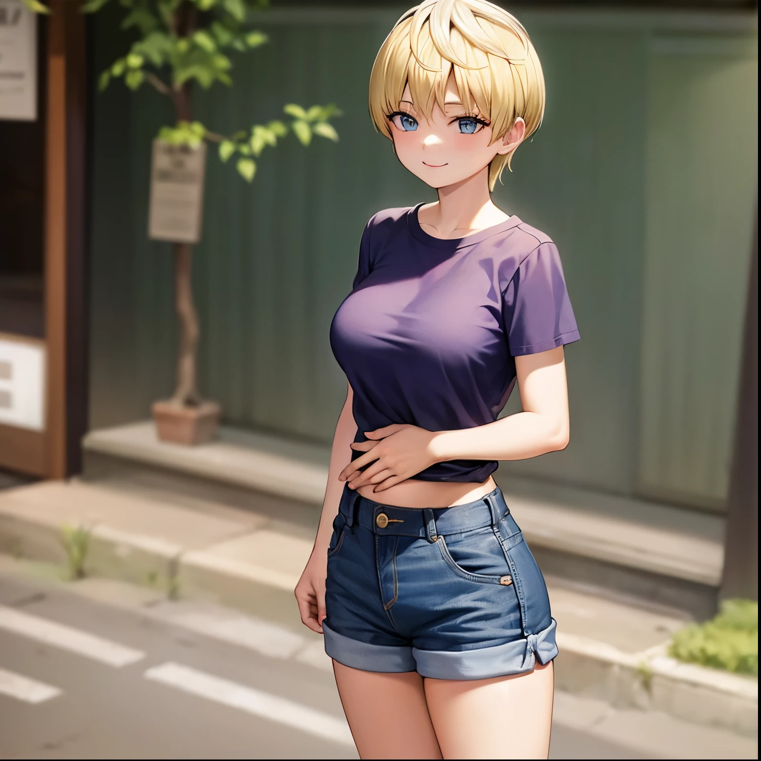 1gril,alone, debe ser inventado,Obra maestra, Mejor calidad, absurdos, perfect anatomy, 1 chica, solo, Tenka Izumo, camiseta, shorts de mezclilla, de pie, al aire libre, ciudad, manos en los bolsillos, sonrisa, Excelentes manos,excellent anatomy,pechos grandes, cintura media, Caderas anchas, muslos anchos, blue eyes, Pelo rubio, cabello corto