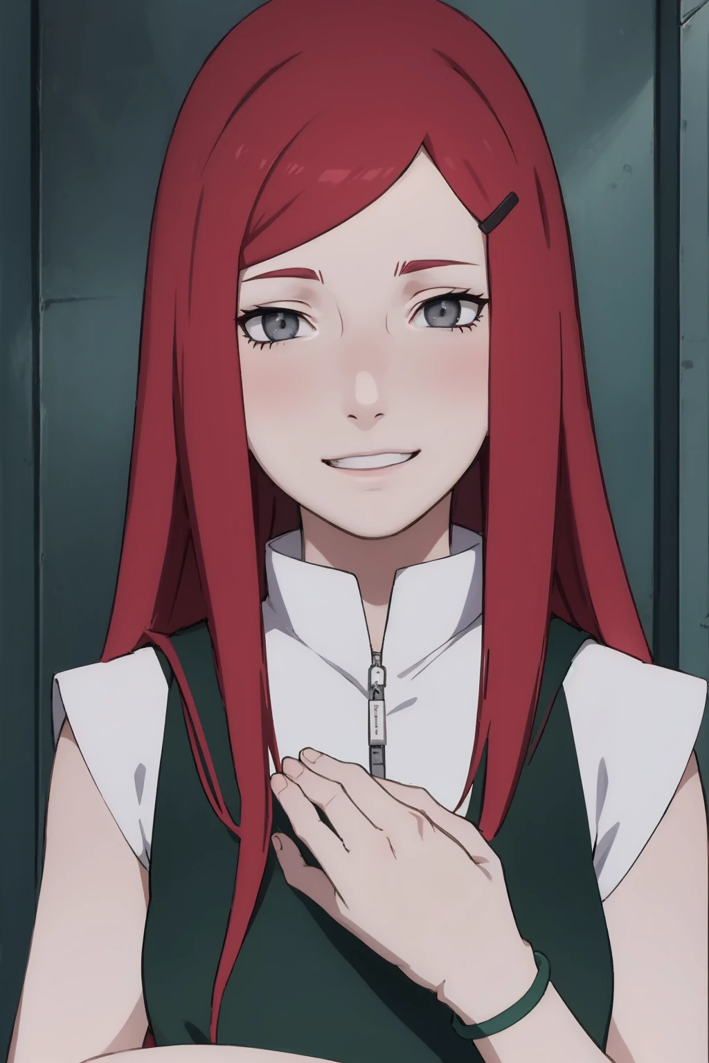 {-erro_de_anatomia:1.0} kushina, kushina, long hair, hair ornament, red hair, red head, hairclip, (grey eyes:1.5), BREAK shirt, dress, jewelry, white shirt, short sleeves, apron, bracelet, green apron, collar, BREAK looking at viewer, upper body, full body, cowboy shot, BREAK indoors, BREAK (masterpiece:1.2), best quality, high resolution, unity 8k wallpaper, (illustration:0.8), (beautiful detailed eyes:1.6), extremely detailed face, perfect lighting, extremely detailed CG, (perfect hands, perfect anatomy), closing eyes in her smile