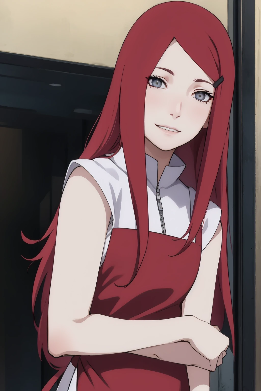 {-erro_de_anatomia:1.0} kushina, kushina, long hair, hair ornament, red hair,  red head, hairclip, (grey eyes:1.5),
BREAK shirt, dress, jewelry, white shirt, short sleeves, apron, bracelet, green apron, collar,
BREAK looking at viewer, upper body, full body, cowboy shot,
BREAK indoors,
BREAK (masterpiece:1.2), best quality, high resolution, unity 8k wallpaper, (illustration:0.8), (beautiful detailed eyes:1.6), extremely detailed face, perfect lighting, extremely detailed CG, (perfect hands, perfect ),