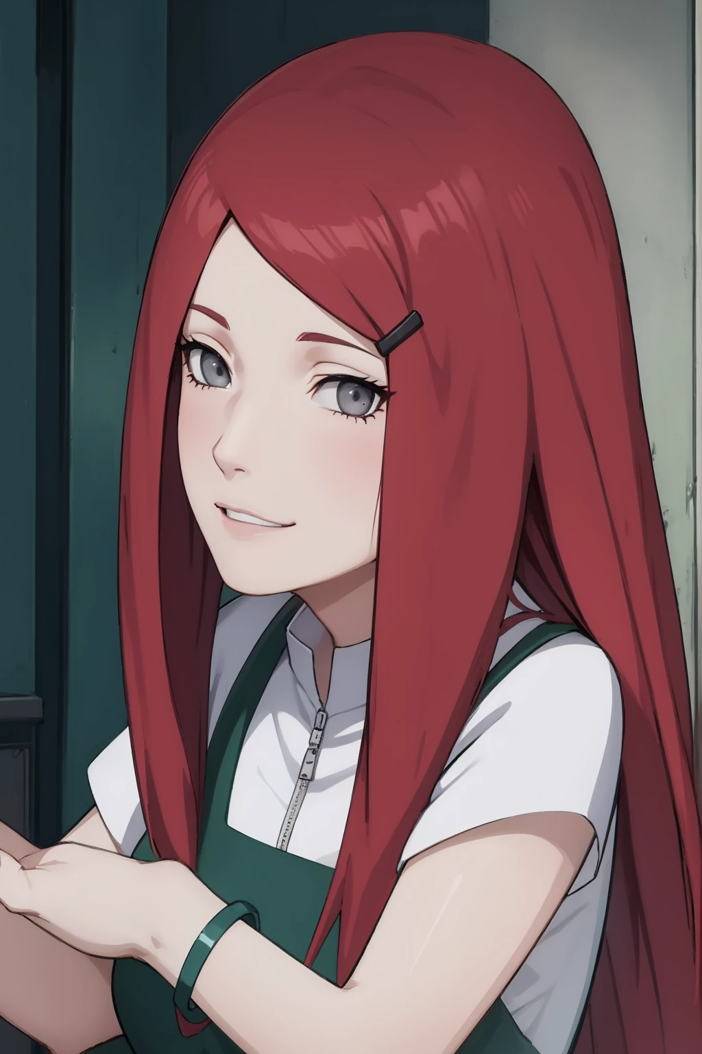 {-erro_de_anatomia:1.0} kushina, kushina, long hair, hair ornament, red hair, red head, hairclip, (grey eyes:1.5), BREAK shirt, dress, jewelry, white shirt, short sleeves, apron, bracelet, green apron, collar, BREAK looking at viewer, upper body, full body, cowboy shot, BREAK indoors, BREAK (masterpiece:1.2), best quality, high resolution, unity 8k wallpaper, (illustration:0.8), (beautiful detailed eyes:1.6), extremely detailed face, perfect lighting, extremely detailed CG, (perfect hands, perfect anatomy), closing eyes in her smile