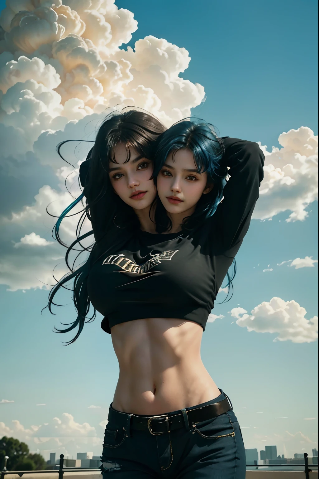 1girll, Masterpiece, Best quality, extremely detaile, Cinematic lighting, intricately details, A high resolution, offcial art, finely detailed beautiful face and eyes, high-resolution illustrations, 8K, Dark intense shadows, Overexposure, Blue hair, bangs, Black shirt, navel, Crop top, Large breasts, Black jeans, Super strong shirt, underboobs, (Smug), Blue sky, Clouds, (two heads)