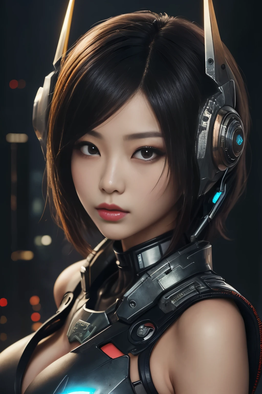 NSFW(((masterpiece))), (((Best Quality))), ((Ultra-detailed)), (extremely detailed photo), ((extremely delicate and beautiful)),(Cute delicate face), an image of cyberpunk, steampunk, sci-fi, cyberpunk fan art, cyberpunk hd wallpaper, cyberpunk art, cyberpunk pics, cyberpunk images, (tall girl, A 35 years old cool Asian girl),solo,short hair,looking at viewer, mecha musume,  armor ,(beautiful face and eye), double eyelid,delicate skin,slender body shape,big breast