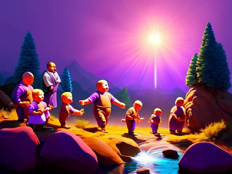 (a digital painting) of a large softly glowing purple bobby hill with baby body proportions, and 10 little friend dudes, each with 10 little dudes, each holding a different oversized cooking utensil, walking along a snaking stream in a pine tree hollow, with dark background and rays of light shining from above through the mist, DIG_JBX, ((good brushwork)), high saturation, high contrast, dramatic lighting