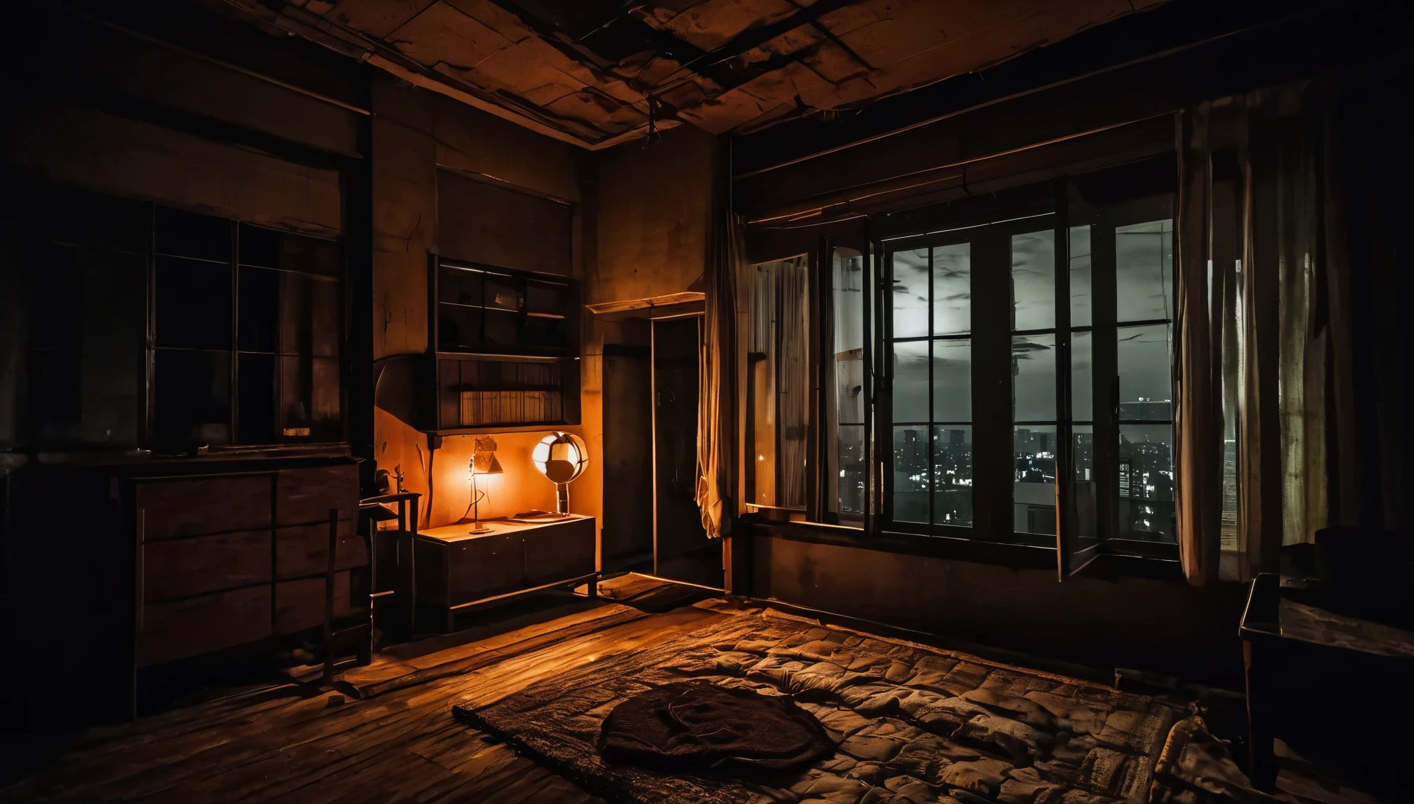 creepy apartment、horror style、night、