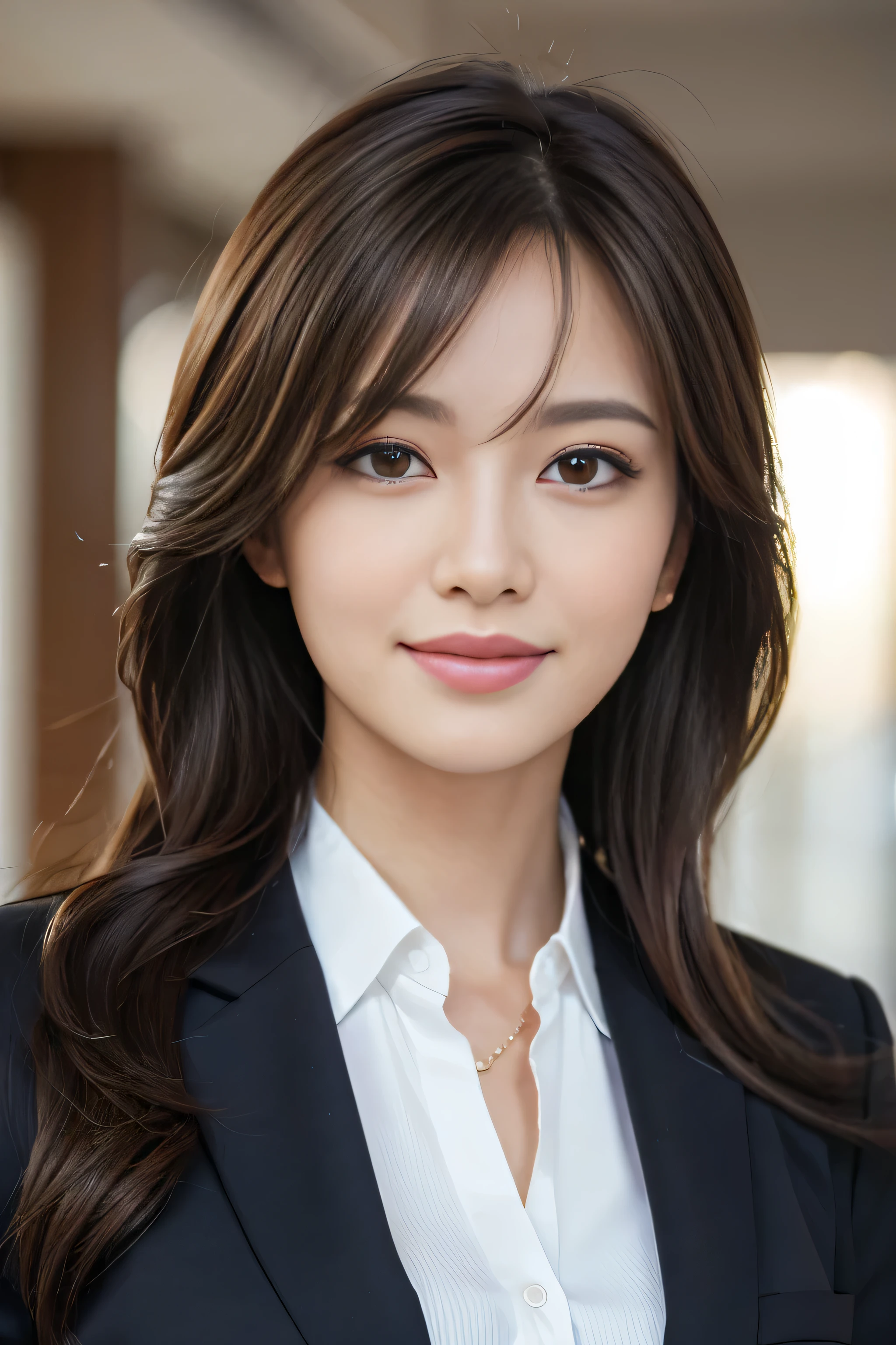 masutepiece, Best Quality, Photorealistic, Ultra-detailed, finely detail, High resolution, 8K Wallpaper, 1 beautiful woman,, light brown messy hair, in a business suit, sharp focus, Perfect dynamic composition, Beautiful detailed eyes, detailed hairs, Detailed realistic skin texture, Smiling, Close-up portrait, Model body type