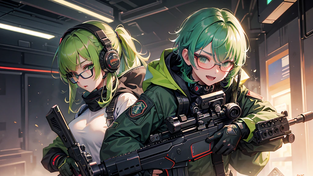 1 person、Tactical Jacket、tactical clothing、green hair、smile、anime、cyber punk、machine gun、glasses、male、battle、Assault Rifle QBZ、Tactical Gear、rifle in hand、（A soldier takes aim at a giant military robot.）big rifle。)、shoot a gun、激しいbattle、whole body、Fangs of the skin、short hair、ハイパーrealism、realism、moving line、UHD、correct、highest quality、8k、super detail、high detail、anatomically correct、masterpiece