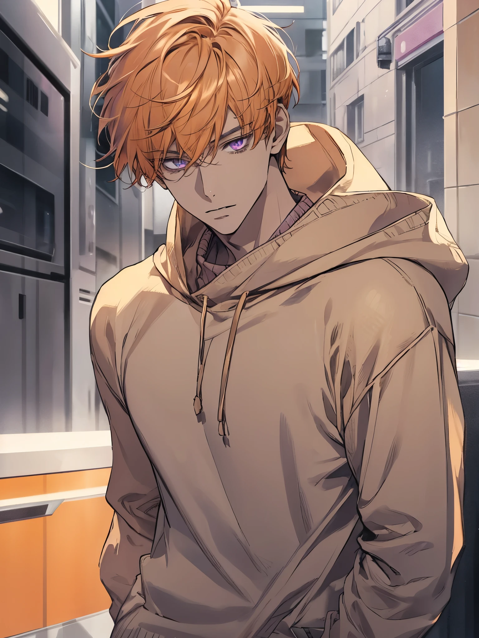 male, light orange short hair with bangs, light purple eyes, adult, tan sweater, white hood, handsome, modern.