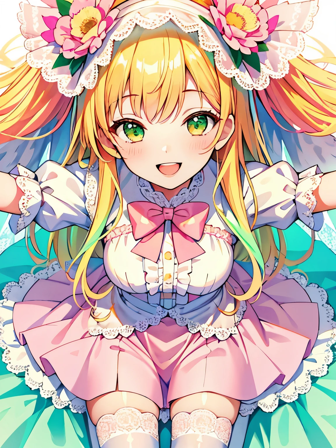 girl,(Angle from above),June bride style outfit,clothes with lots of frills,(legs spread wide),close up of face,((high resolution)),smile,(lace pattern background),(white and pink and blue and yellow and green and orange),