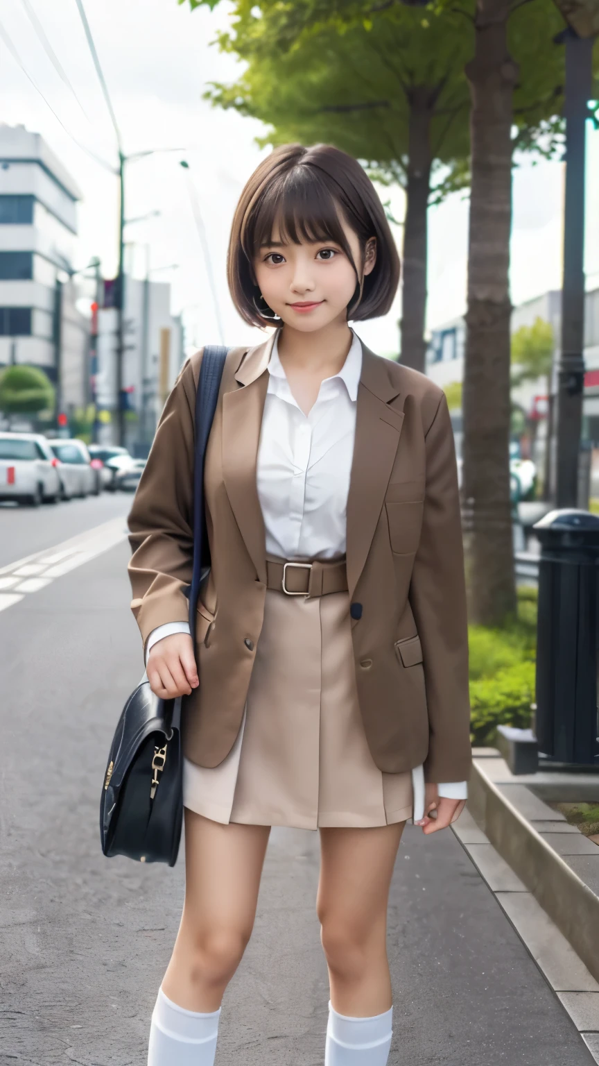 Masterpiece, Best-quality, RAW-photo, Ultra-High-Resolution, Photorealistic,
(Anatomically correct, -yeld, Jaese girl, baby face,e, Perfect human body, slim waist and busty body, Slender legs, Large breast, Realistic skin, angle from below),
((Wear loose socks, loafers, shirts, ribbon, light brown blazer, school bag, gal Y2K fashion)),
(maiko, Round face, Black hair, Moist eyes, Shining eyes, Short bob cut, Bangs, Down-slating eyebrows, one little earring, Light blush),
(Look at the viewer, show the whole body, turn the body forward, hold the hem of the dress),
(grin),
(Tokyo, A casual street where many teenagers walk, many young people walking),
Natural lighting, full length,