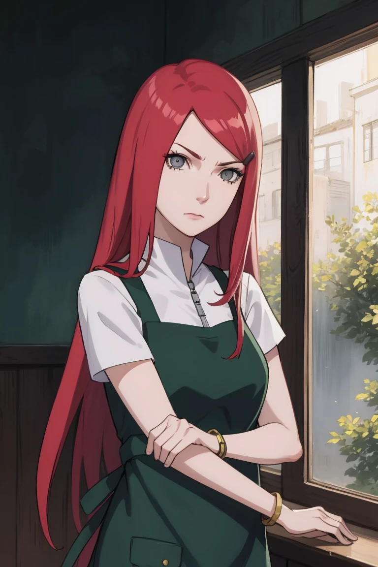 {-erro_de_anatomia:1.0} kushina, kushina, long hair, hair ornament, red hair, red head, hairclip, (grey eyes:1.5), BREAK shirt, dress, jewelry, white shirt, short sleeves, apron, bracelet, green apron, collar, BREAK looking at viewer, upper body, full body, cowboy shot, BREAK indoors, BREAK (masterpiece:1.2), best quality, high resolution, unity 8k wallpaper, (illustration:0.8), (beautiful detailed eyes:1.6), extremely detailed face, perfect lighting, extremely detailed CG, (perfect hands, perfect anatomy), angry face