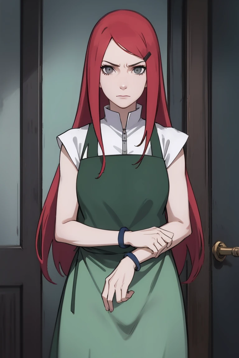 {-erro_de_anatomia:1.0} kushina, kushina, long hair, hair ornament, red hair, red head, hairclip, (grey eyes:1.5), BREAK shirt, dress, jewelry, white shirt, short sleeves, apron, bracelet, green apron, collar, BREAK looking at viewer, upper body, full body, cowboy shot, BREAK indoors, BREAK (masterpiece:1.2), best quality, high resolution, unity 8k wallpaper, (illustration:0.8), (beautiful detailed eyes:1.6), extremely detailed face, perfect lighting, extremely detailed CG, (perfect hands, perfect anatomy), angry face