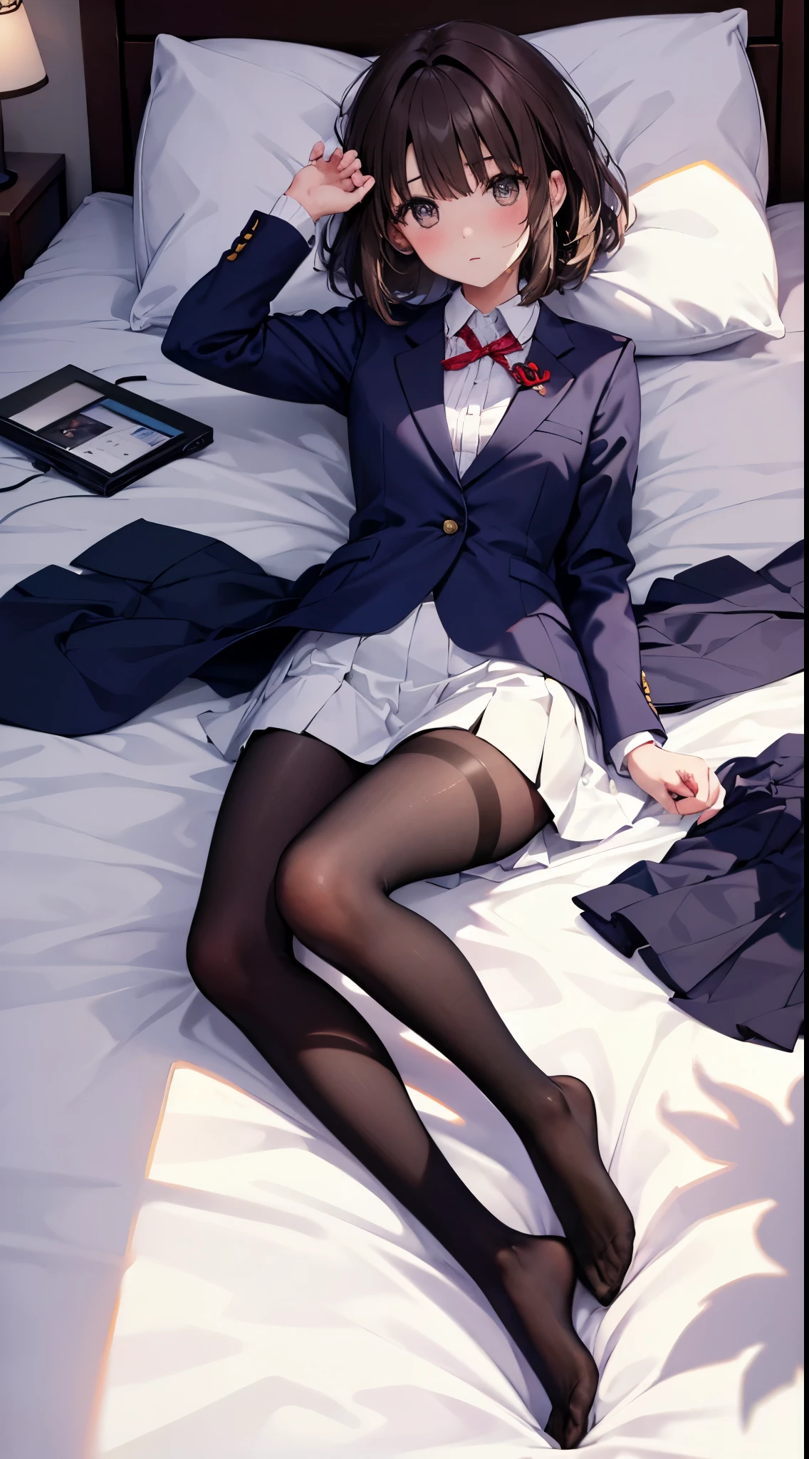 finest, masterpiece, High resolution, (Full body view from head to toe), Composition from slightly below the front, Symmetrical, 18 years old, slim and beautiful girl, alone, (small breasts), (not wearing shoes),Unkempt brown hair, bangs, (black tights), (black pantyhose), (Pose with legs spread on the bed), tied up with both arms hidden behind the back, (Composition showing white panties), (her legs spread、I can see white panties.), blush, shy big eyes, looking at camera, blazer uniform, plaid pleated skirt