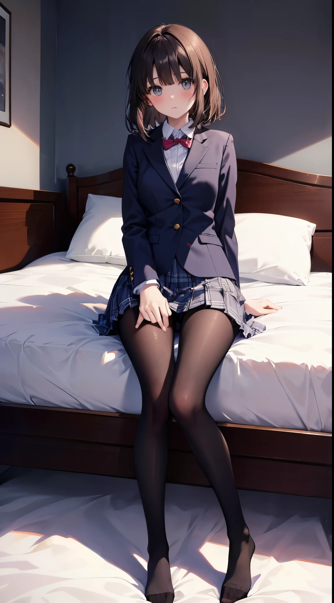 finest, masterpiece, High resolution, (Full body view from head to toe), Composition from slightly below the front, Symmetrical, 18 years old, slim and beautiful girl, alone, (small breasts), (not wearing shoes),Unkempt brown hair, bangs, (black tights), (black pantyhose), (Pose with legs spread on the bed), tied up with both arms hidden behind the back, (Composition showing white panties), (her legs spread、I can see white panties.), blush, shy big eyes, looking at camera, blazer uniform, plaid pleated skirt