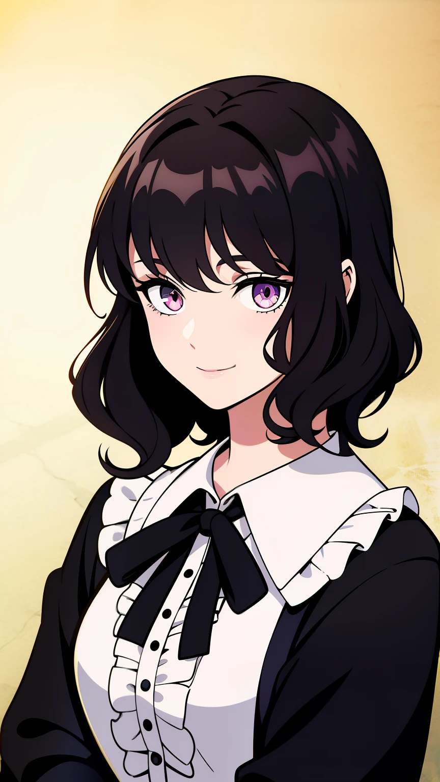 (high-quality, breathtaking),(expressive eyes, perfect face) 1girl, female, solo, half body, 1800's clothing,18th century fashion, black color hair, short hair length, curly wavy hair, pink eye color, Chainsaw man anime art style, teenager age, 18 years old, portrait, cute smile, jeans, Tie Neck Flounce Sleeve Blouse cotton shirt, zoomed out, D cup breast size, vintage clothing, thin black ribbon
