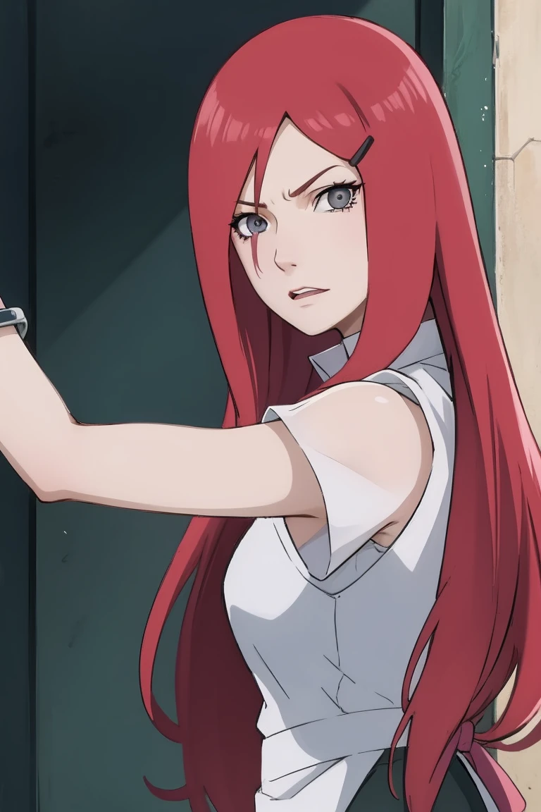 {-erro_de_anatomia:1.0} kushina, kushina, long hair, hair ornament, red hair, red head, hairclip, (grey eyes:1.5), BREAK shirt, dress, jewelry, white shirt, short sleeves, apron, bracelet, green apron, collar, BREAK looking at viewer, upper body, full body, cowboy shot, BREAK indoors, BREAK (masterpiece:1.2), best quality, high resolution, unity 8k wallpaper, (illustration:0.8), (beautiful detailed eyes:1.6), extremely detailed face, perfect lighting, extremely detailed CG, (perfect hands, perfect anatomy), angry face, backwards, looking back