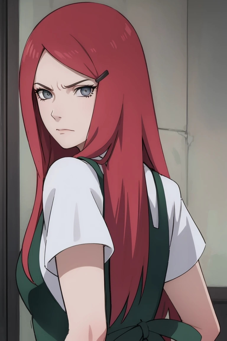 {-erro_de_anatomia:1.0} kushina, kushina, long hair, hair ornament, red hair, red head, hairclip, (grey eyes:1.5), BREAK shirt, dress, jewelry, white shirt, short sleeves, apron, bracelet, green apron, collar, BREAK looking at viewer, upper body, full body, cowboy shot, BREAK indoors, BREAK (masterpiece:1.2), best quality, high resolution, unity 8k wallpaper, (illustration:0.8), (beautiful detailed eyes:1.6), extremely detailed face, perfect lighting, extremely detailed CG, (perfect hands, perfect anatomy), angry face, backwards, looking back