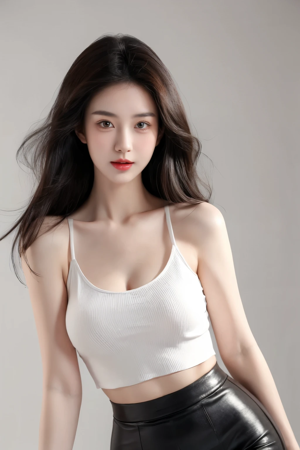 （lifelike,high resolution：1.3）， A slim girl， The face shape and eyes are super delicate,black hair,red glossy lips,(beautiful face), (best quality), (Super detailed), (Extremely detailed CG unified 8k wallpaper),((Low-cut camisole vest)),(White background),(cleavage),sexy look,big eyes,(standing),(Slim waistline),perky breasts,soft breasts,very realistic breasts,Character centered,Underwear shoulder straps,short skirt,sexy pose